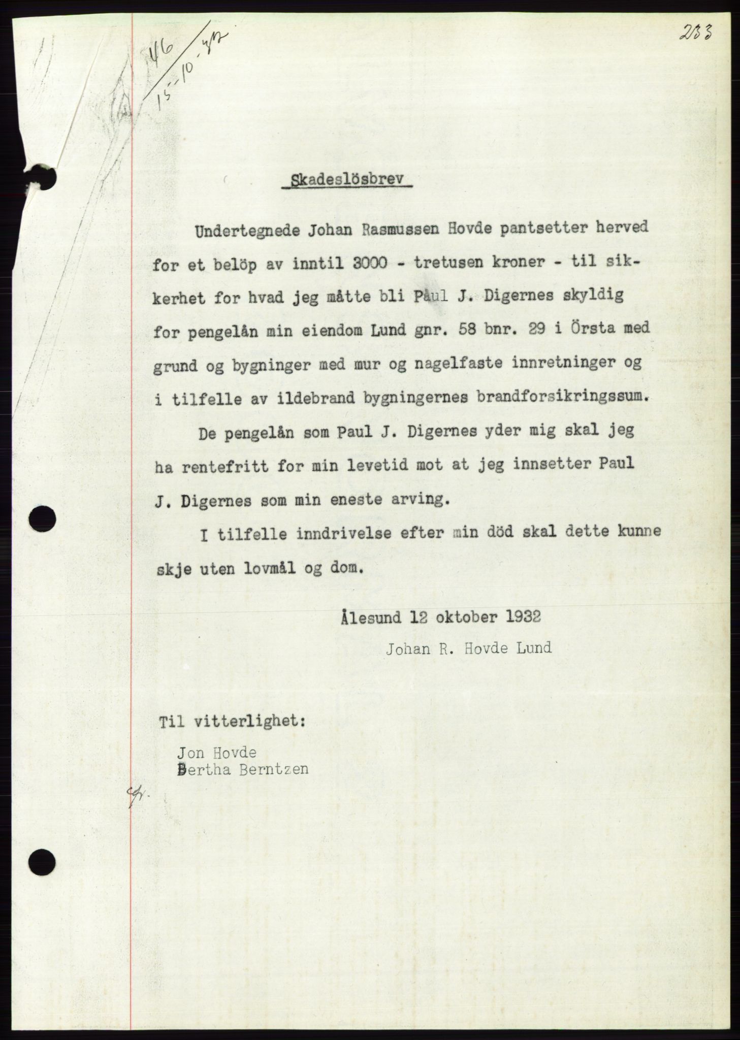 Søre Sunnmøre sorenskriveri, AV/SAT-A-4122/1/2/2C/L0054: Mortgage book no. 48, 1932-1933, Deed date: 15.10.1932