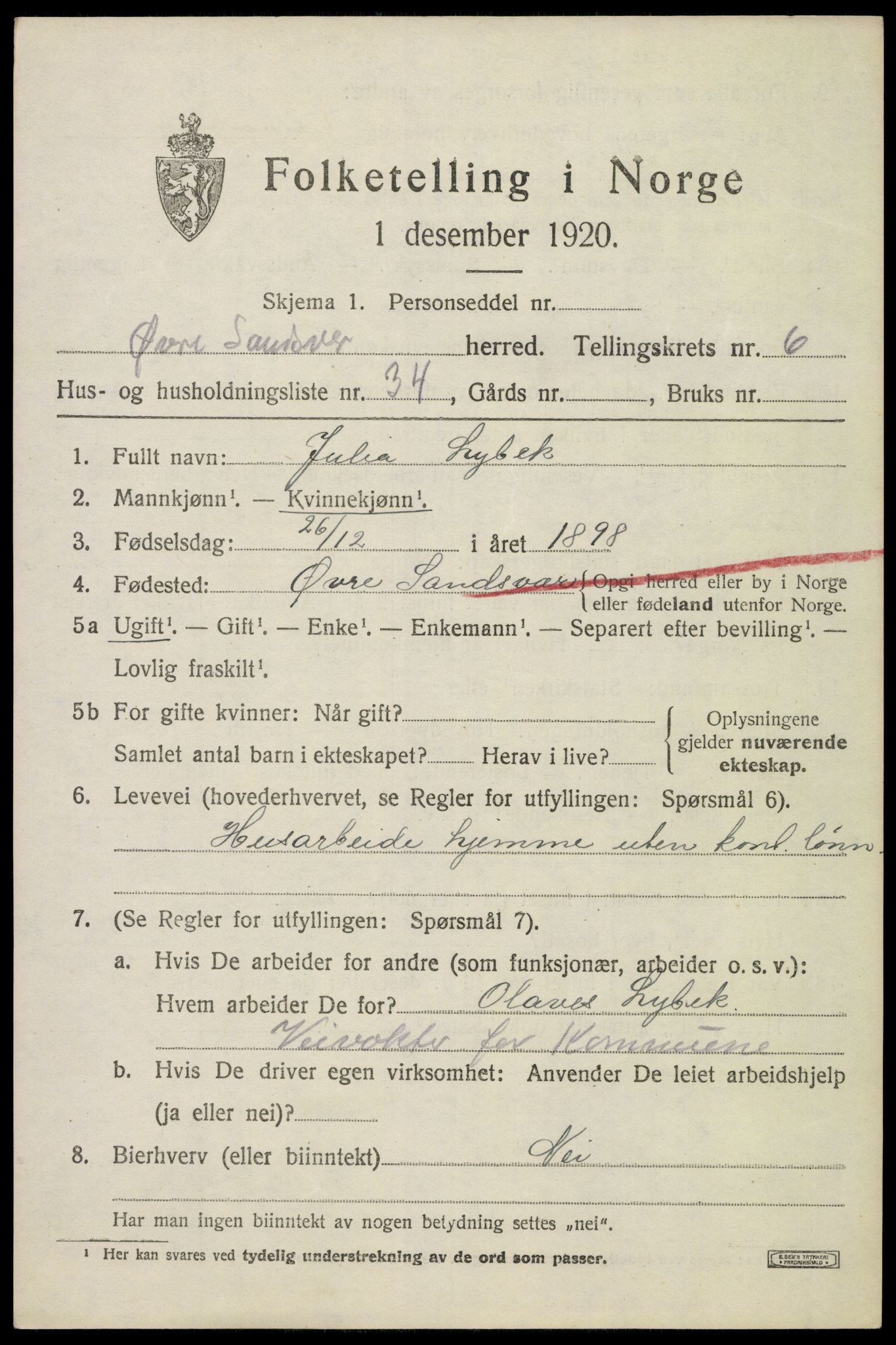 SAKO, 1920 census for Øvre Sandsvær, 1920, p. 3742