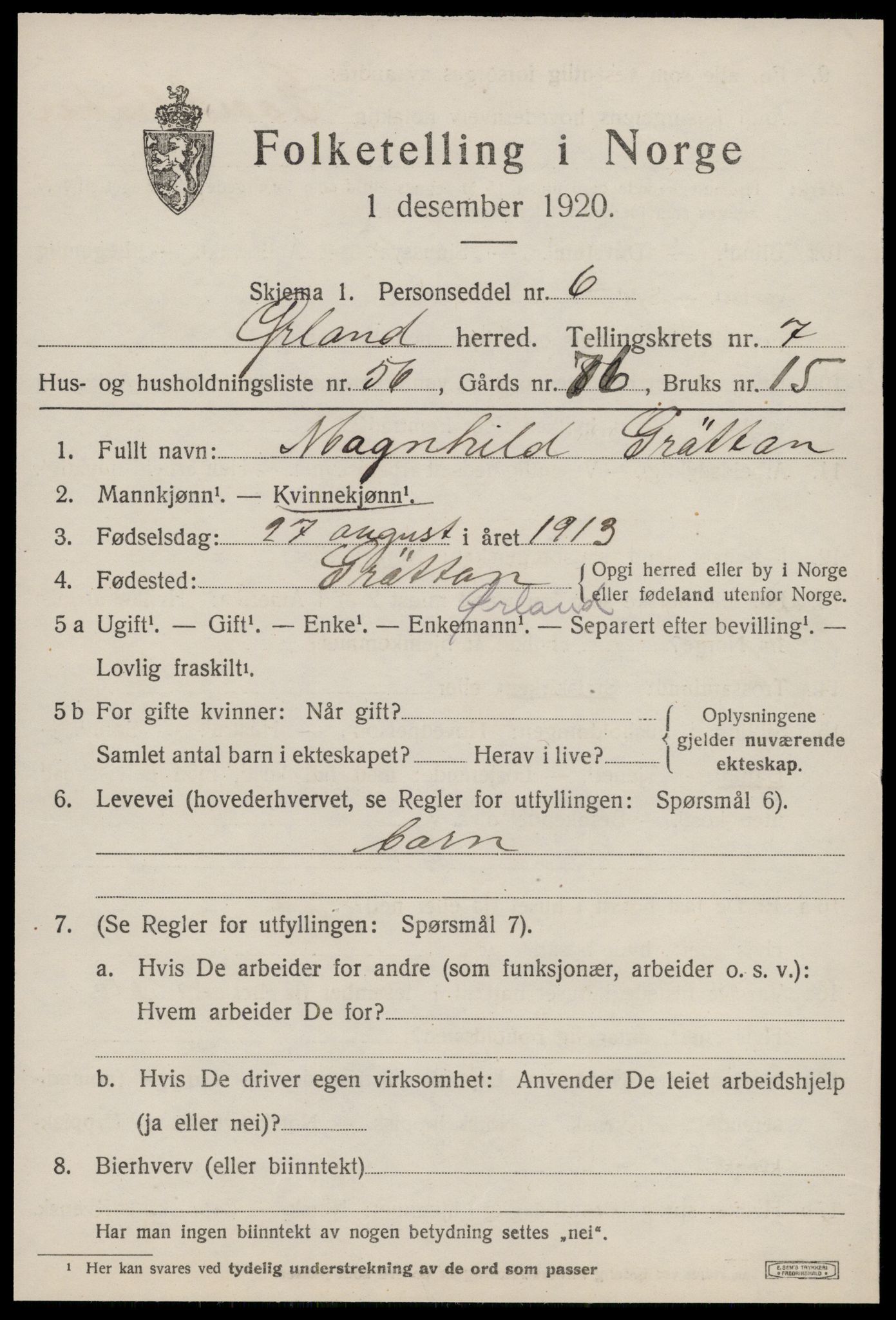 SAT, 1920 census for Ørland, 1920, p. 6599