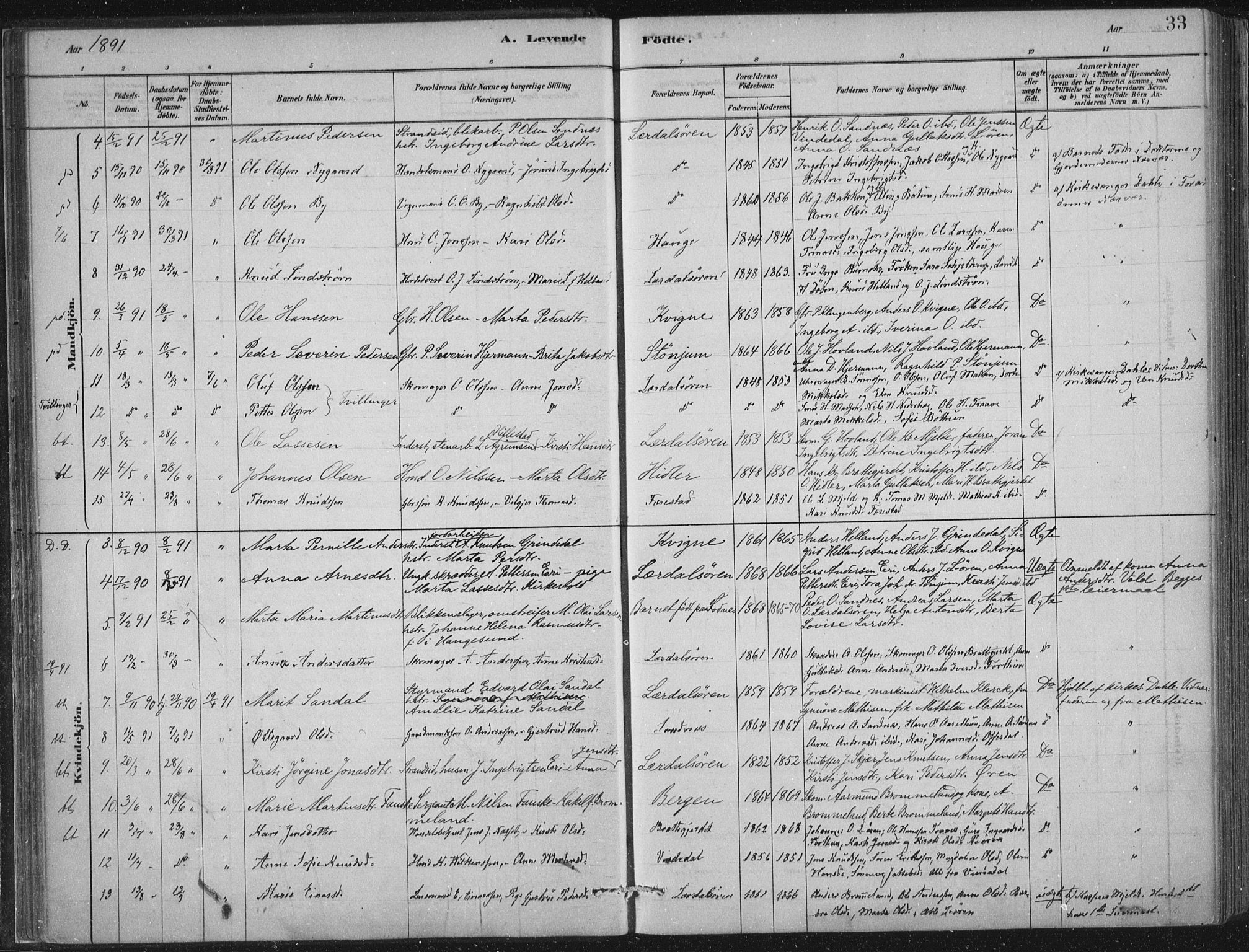 Lærdal sokneprestembete, SAB/A-81201: Parish register (official) no. D  1, 1878-1908, p. 33