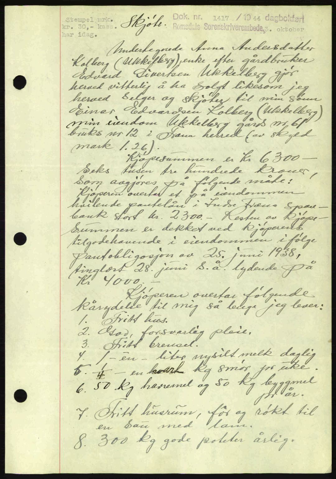 Romsdal sorenskriveri, SAT/A-4149/1/2/2C: Mortgage book no. A16, 1944-1944, Diary no: : 1417/1944