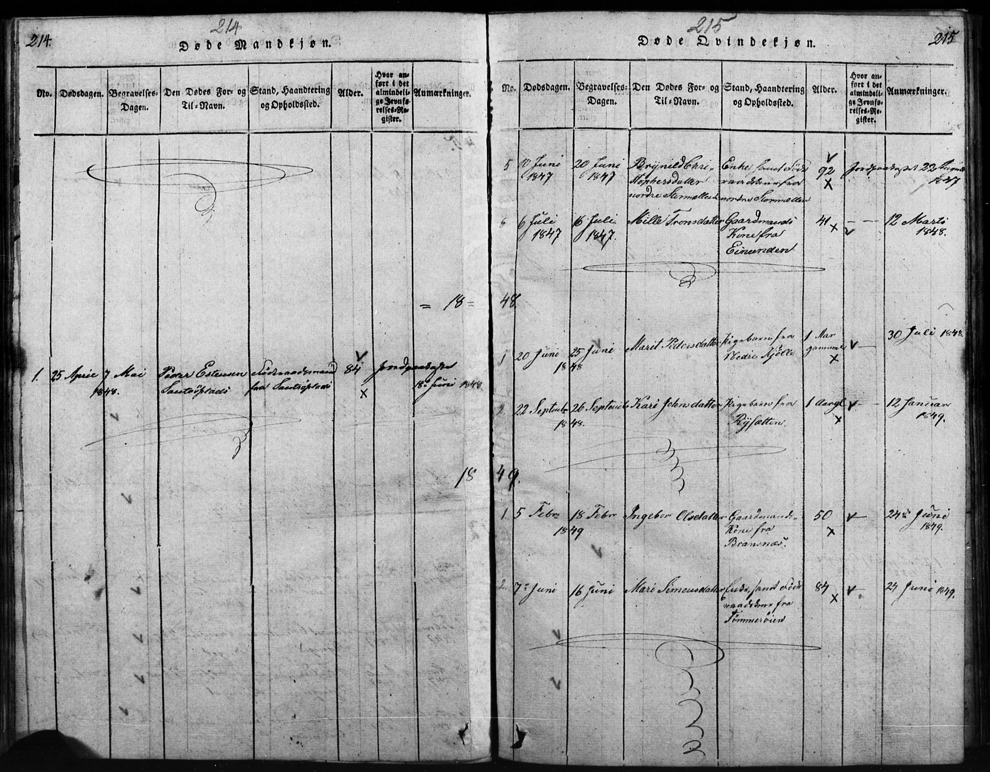 Tynset prestekontor, SAH/PREST-058/H/Ha/Hab/L0003: Parish register (copy) no. 3, 1814-1862, p. 214-215