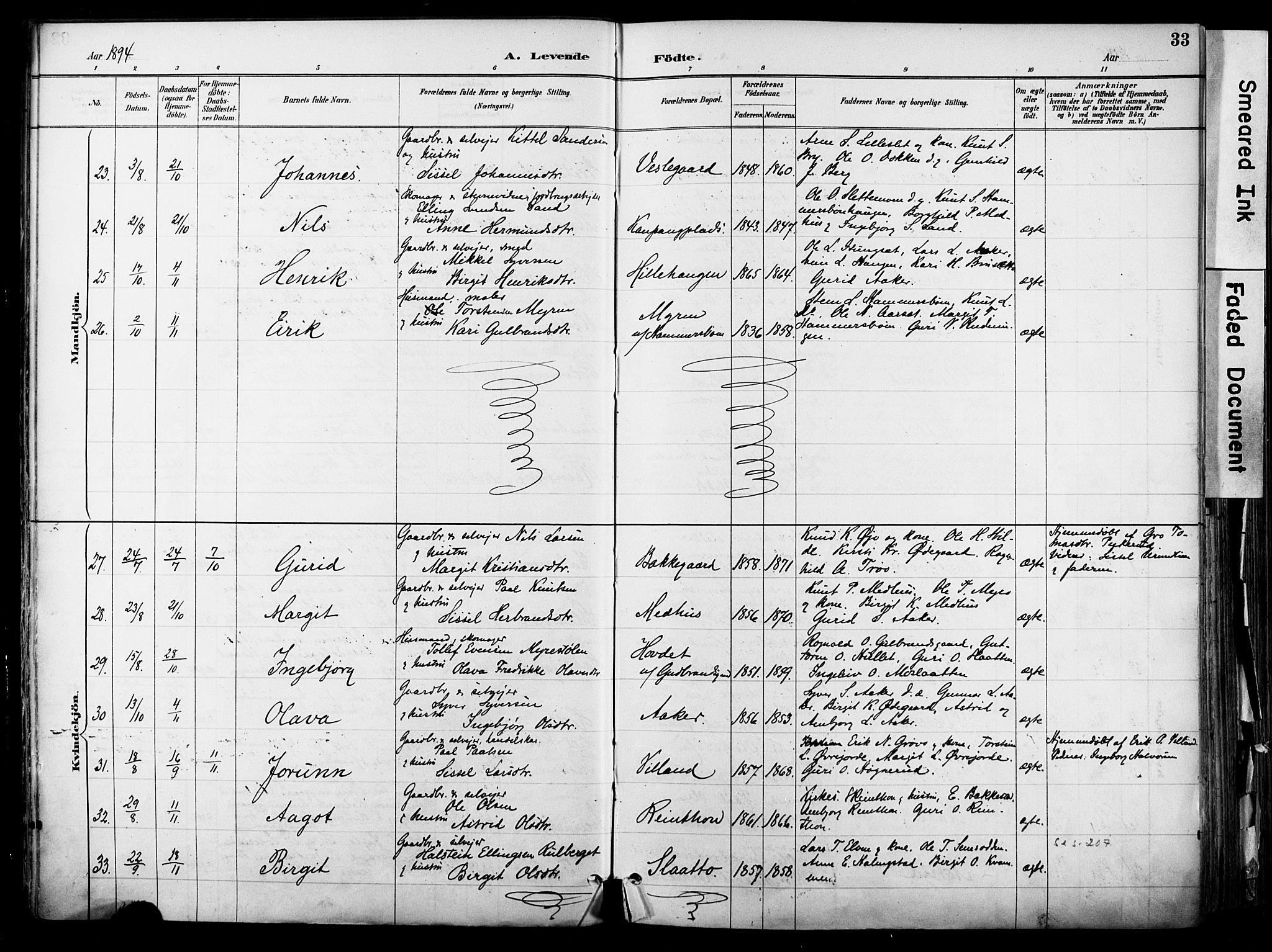 Hol kirkebøker, AV/SAKO-A-227/F/Fa/L0003: Parish register (official) no. I 3, 1887-1918, p. 33