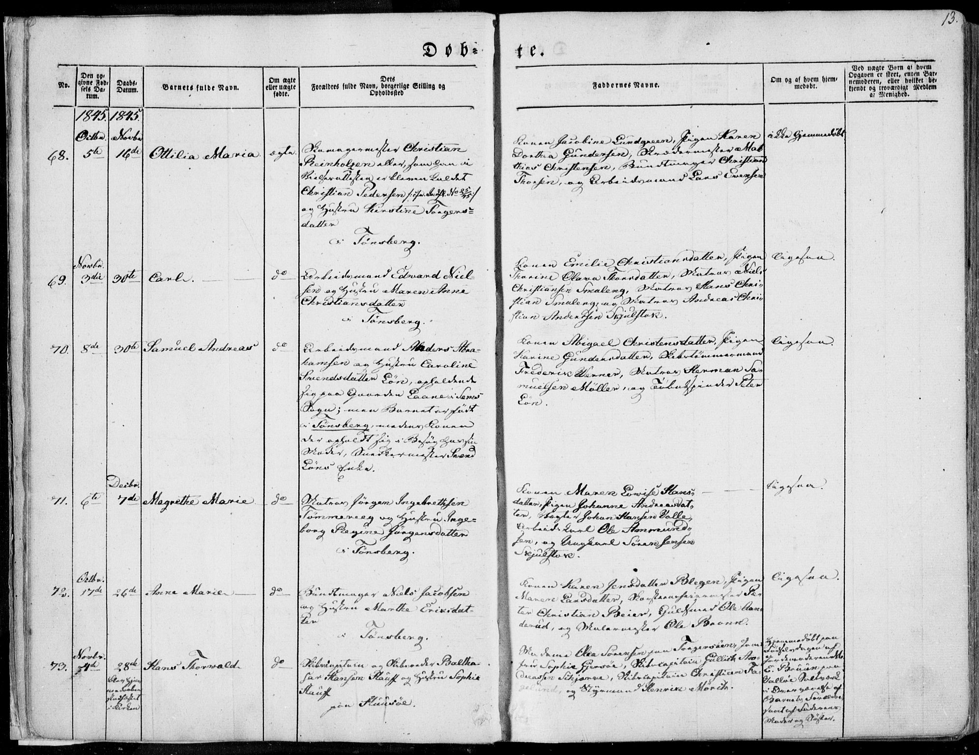 Tønsberg kirkebøker, AV/SAKO-A-330/F/Fa/L0007: Parish register (official) no. I 7, 1845-1854, p. 13