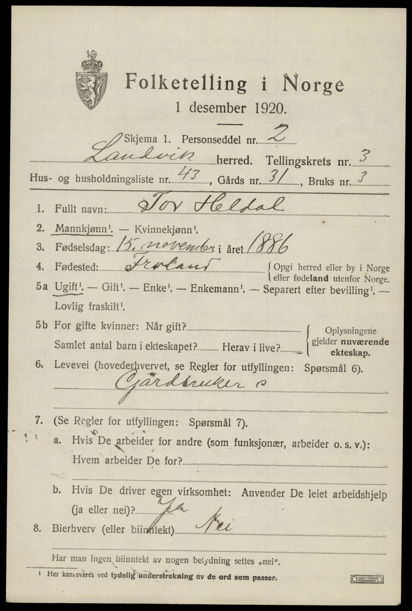 SAK, 1920 census for Landvik, 1920, p. 3320
