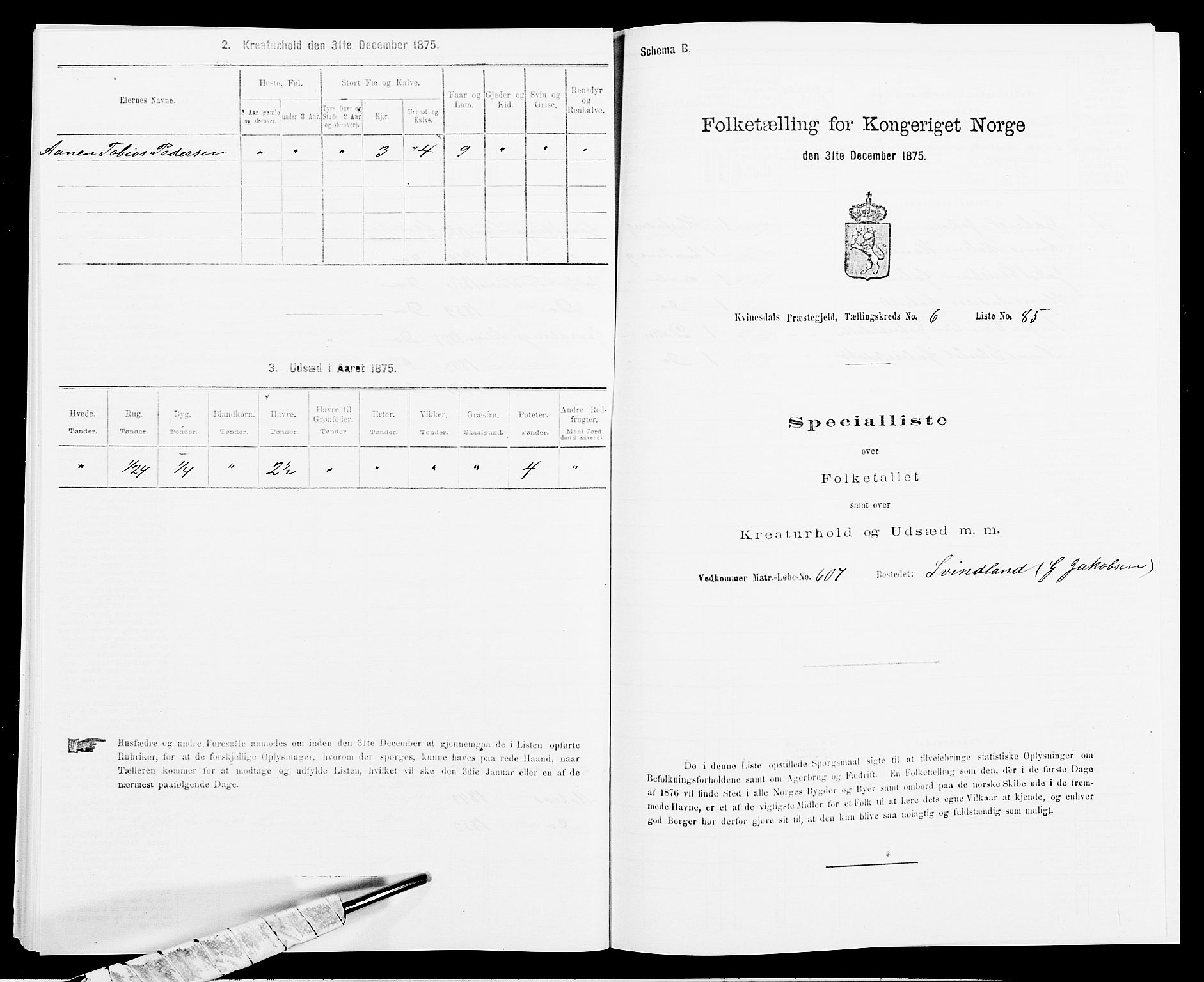 SAK, 1875 census for 1037P Kvinesdal, 1875, p. 1084