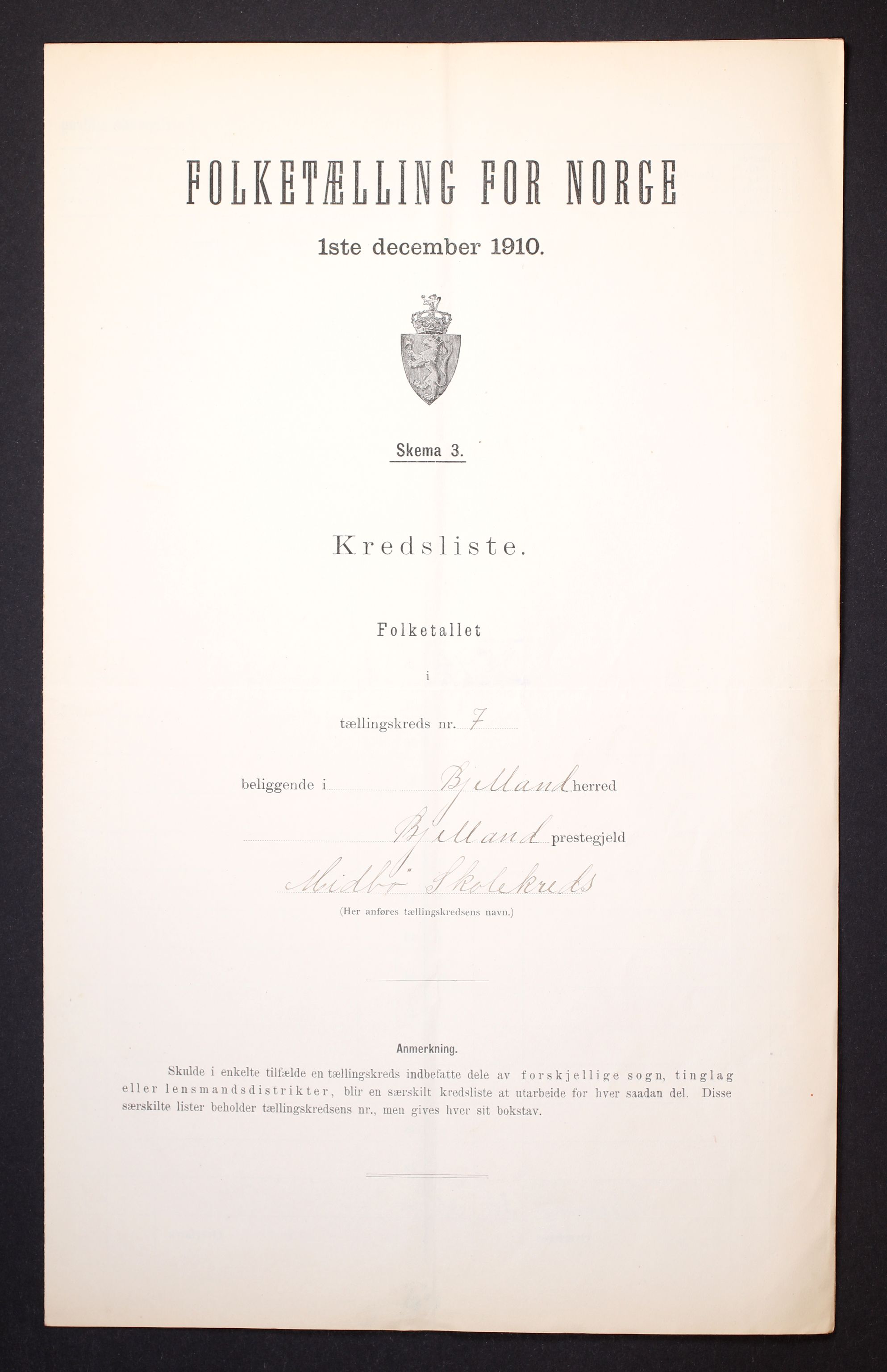 RA, 1910 census for Bjelland, 1910, p. 22