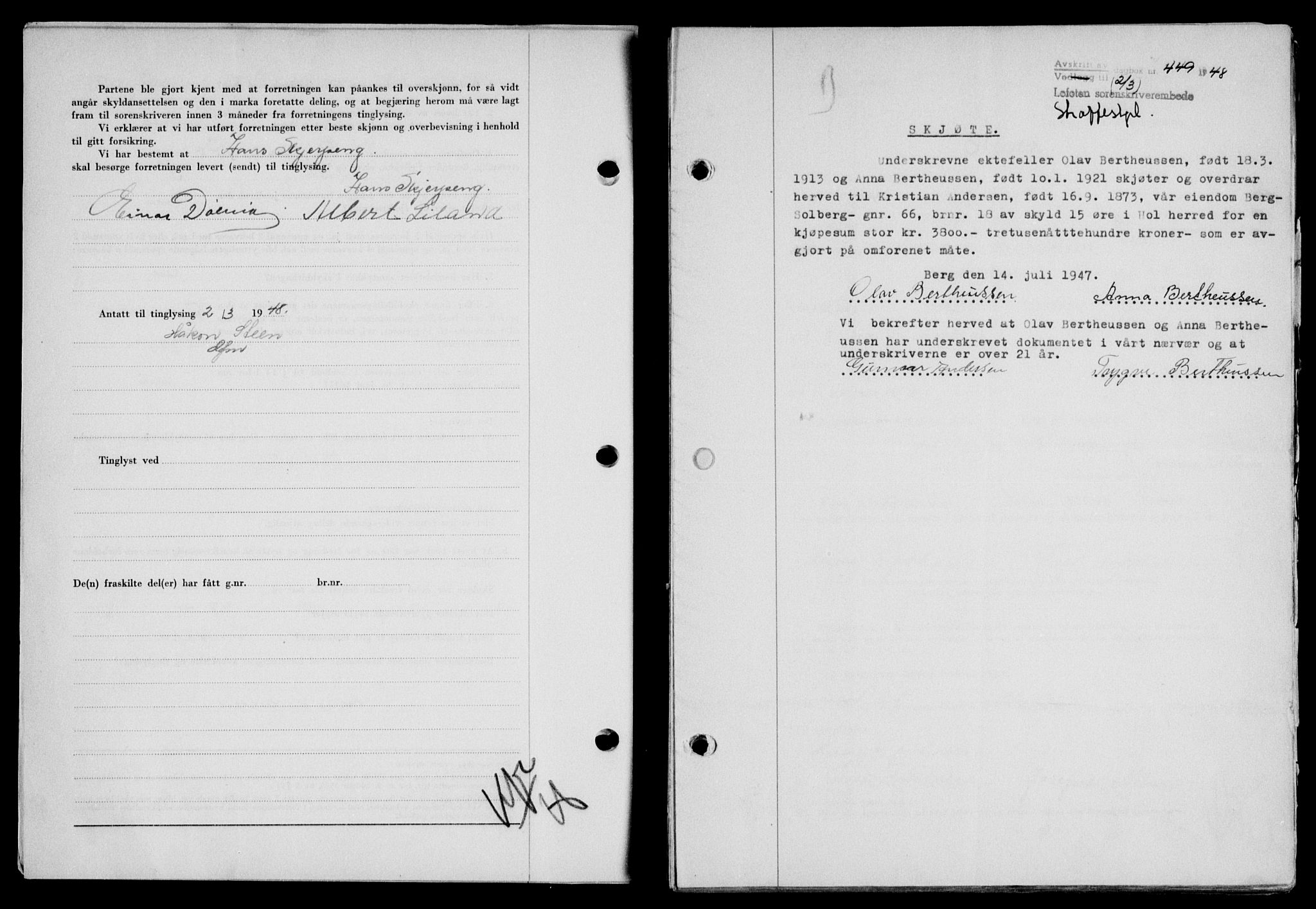 Lofoten sorenskriveri, SAT/A-0017/1/2/2C/L0018a: Mortgage book no. 18a, 1948-1948, Diary no: : 449/1948