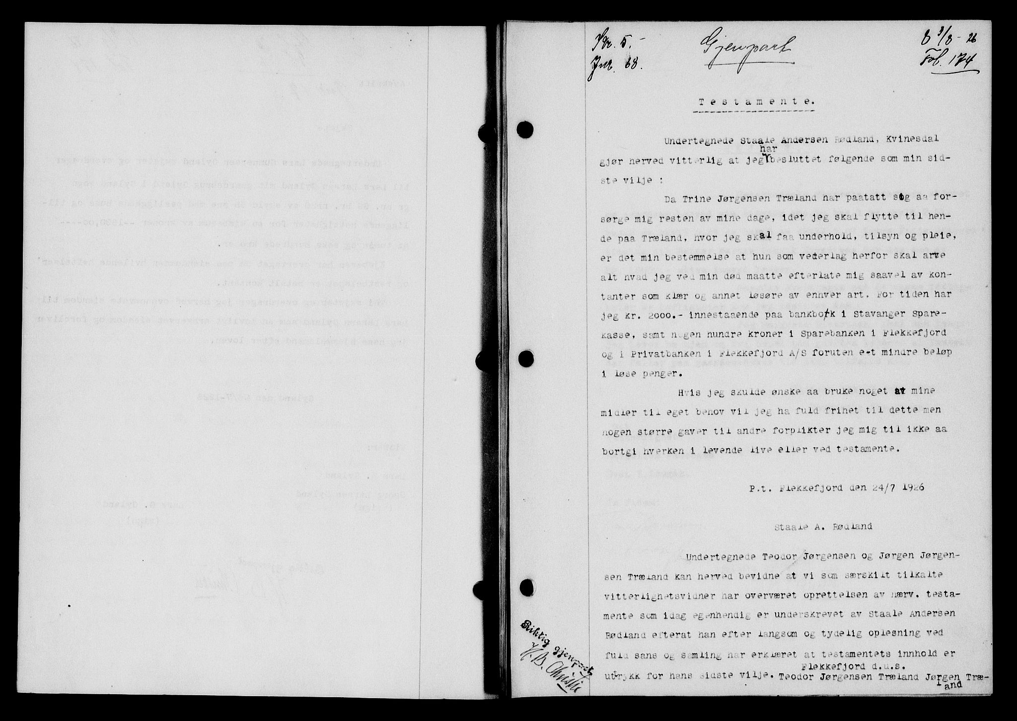 Flekkefjord sorenskriveri, SAK/1221-0001/G/Gb/Gba/L0043: Mortgage book no. 41, 1926-1927, Deed date: 03.08.1926