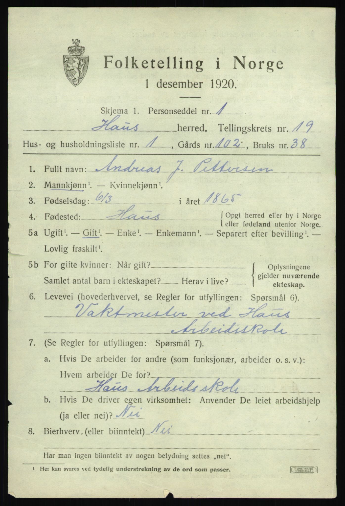 SAB, 1920 census for Haus, 1920, p. 12266