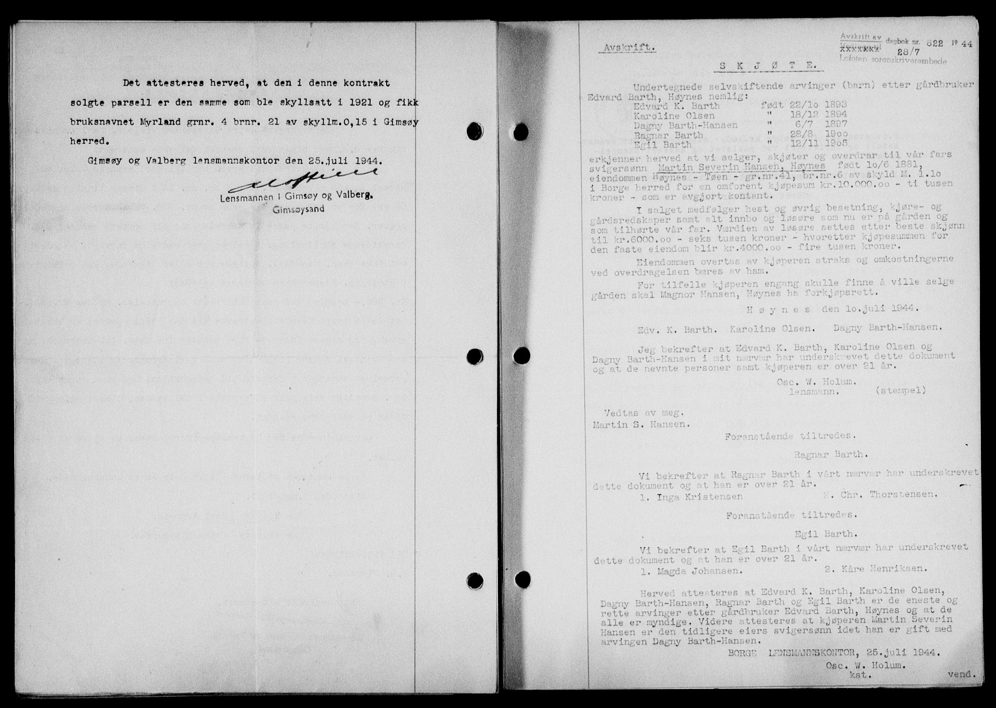 Lofoten sorenskriveri, SAT/A-0017/1/2/2C/L0012a: Mortgage book no. 12a, 1943-1944, Diary no: : 822/1944
