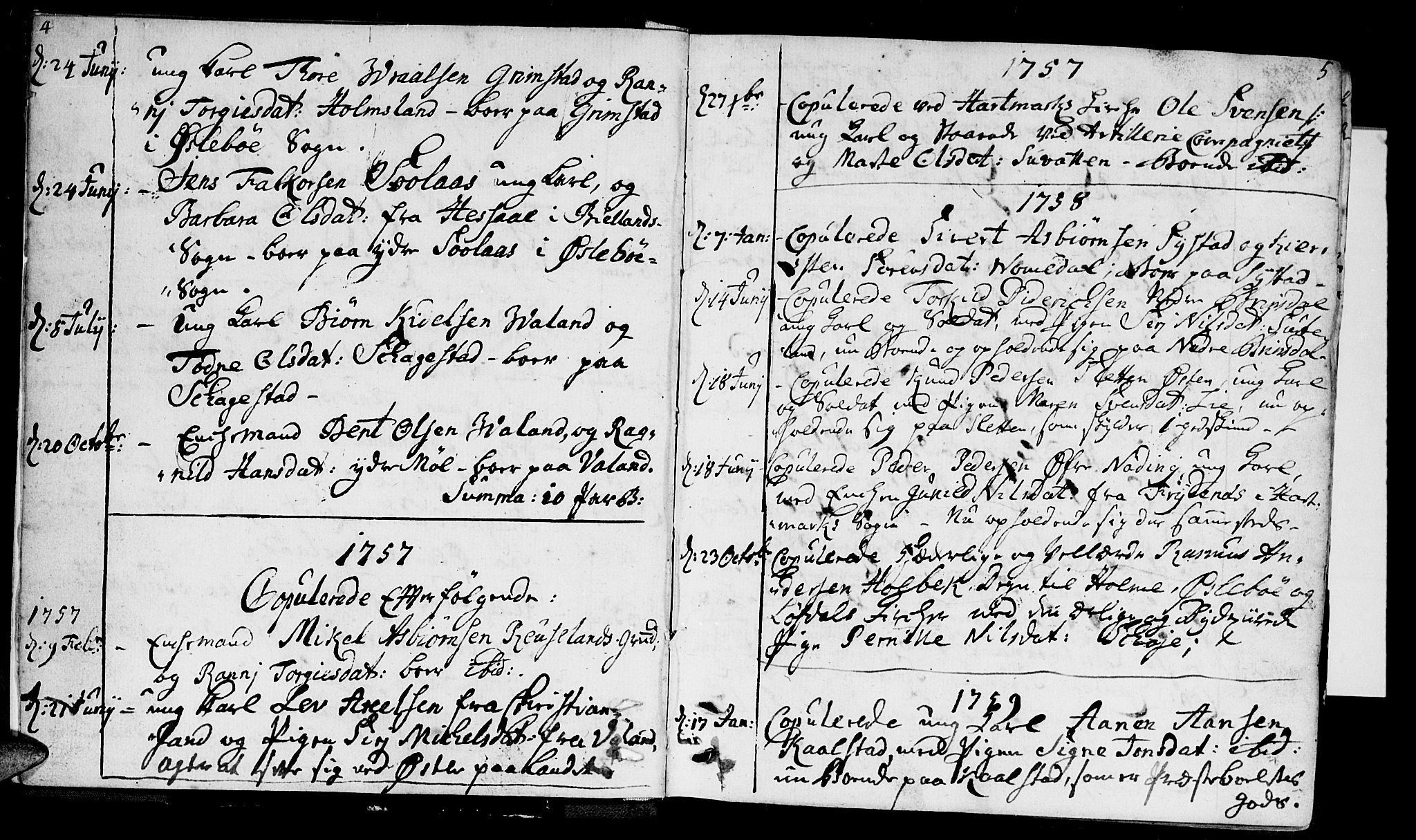 Holum sokneprestkontor, AV/SAK-1111-0022/F/Fa/Faa/L0002: Parish register (official) no. A 2, 1756-1780, p. 4-5