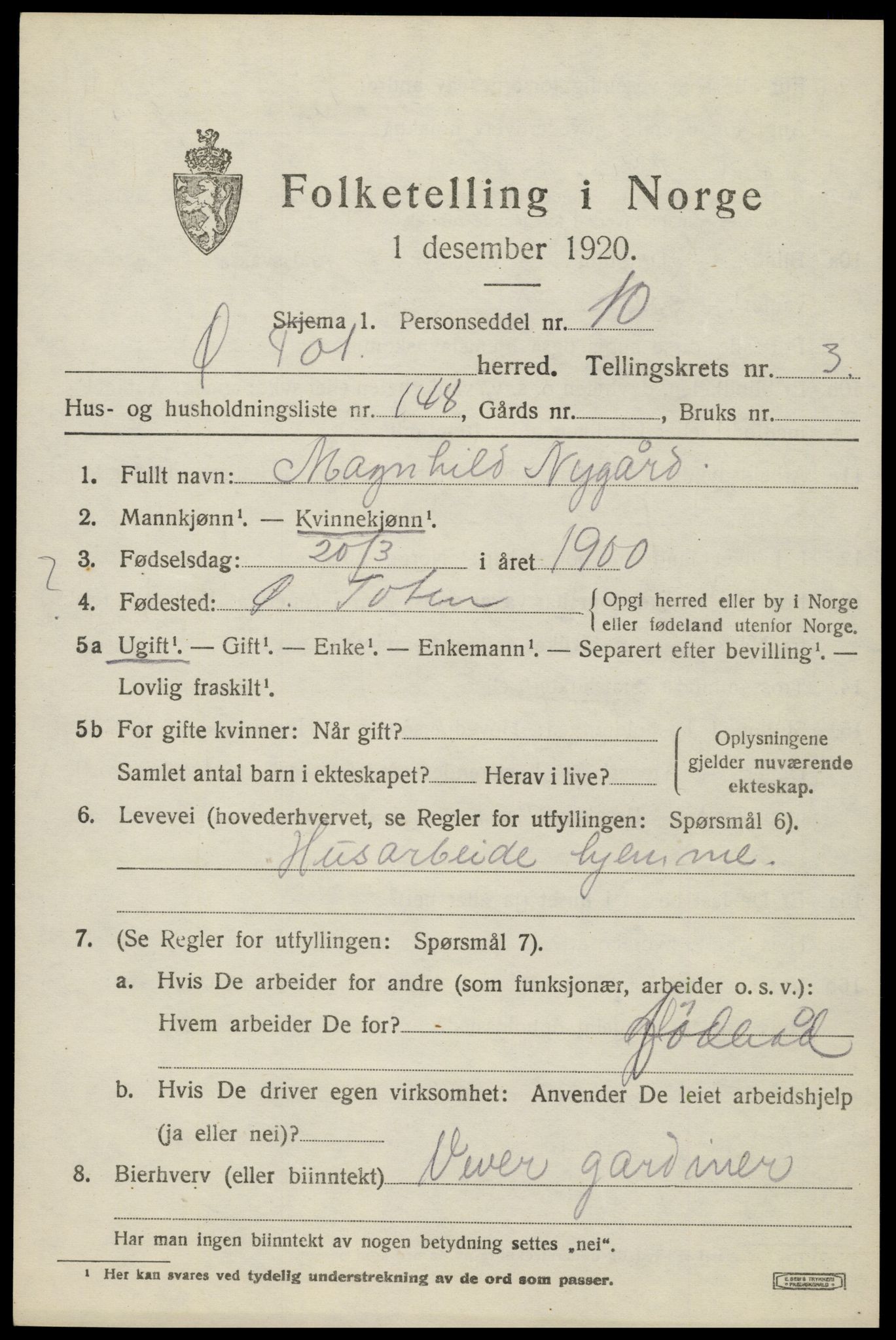 SAH, 1920 census for Østre Toten, 1920, p. 7666