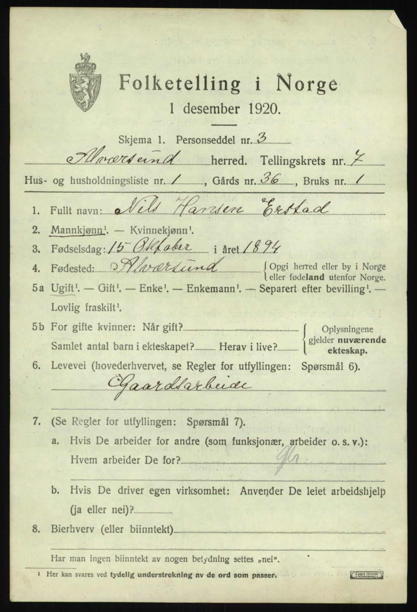 SAB, 1920 census for Alversund, 1920, p. 4654