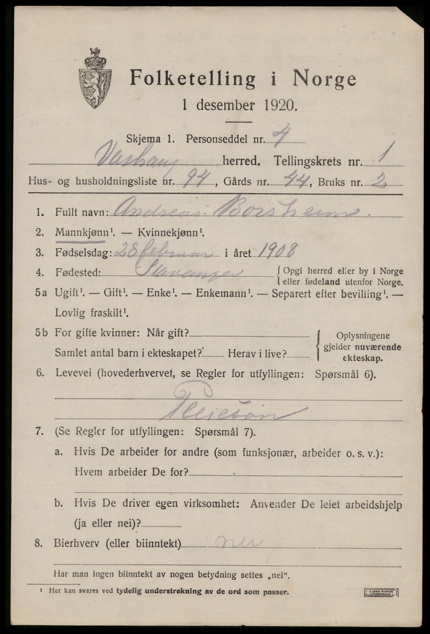 SAST, 1920 census for Varhaug, 1920, p. 1983