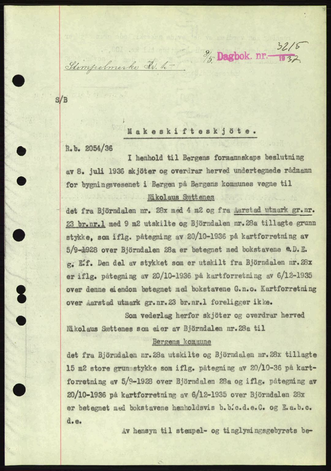Byfogd og Byskriver i Bergen, SAB/A-3401/03/03Bc/L0004: Mortgage book no. A3-4, 1936-1937, Diary no: : 3215/1937