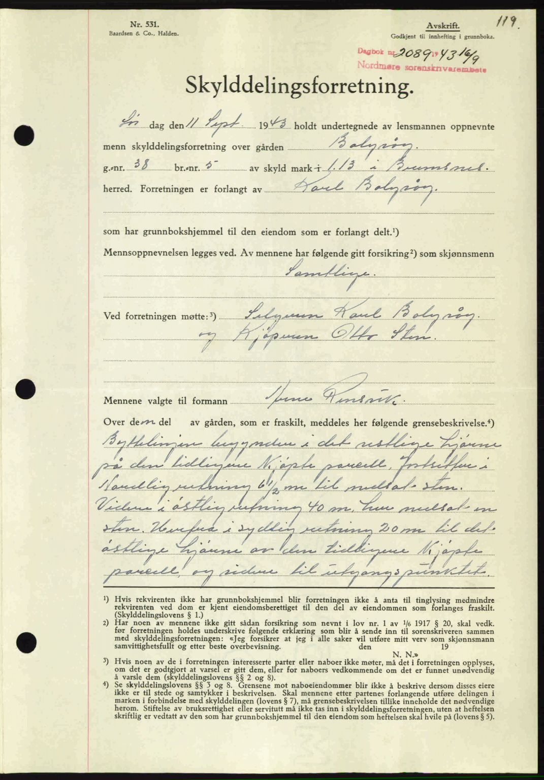 Nordmøre sorenskriveri, AV/SAT-A-4132/1/2/2Ca: Mortgage book no. A96, 1943-1944, Diary no: : 2089/1943