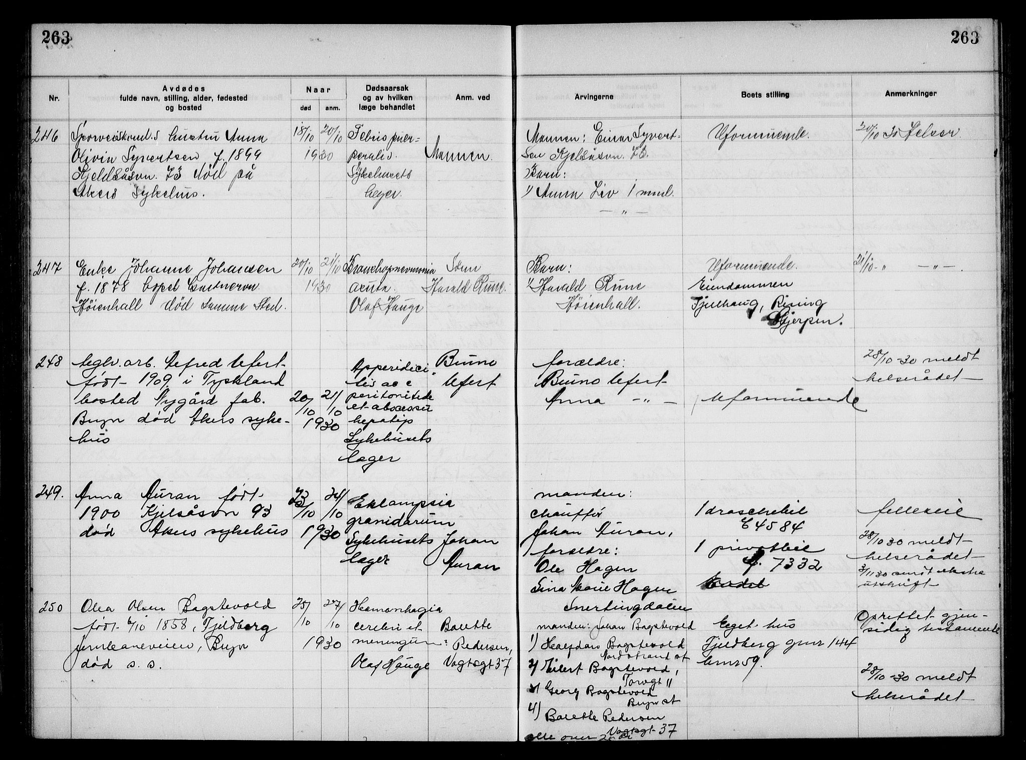 Aker kriminaldommer, skifte- og auksjonsforvalterembete, AV/SAO-A-10452/H/Hb/Hba/Hbac/L0002: Dødsfallsprotokoll for Østre Aker, 1927-1931, p. 263