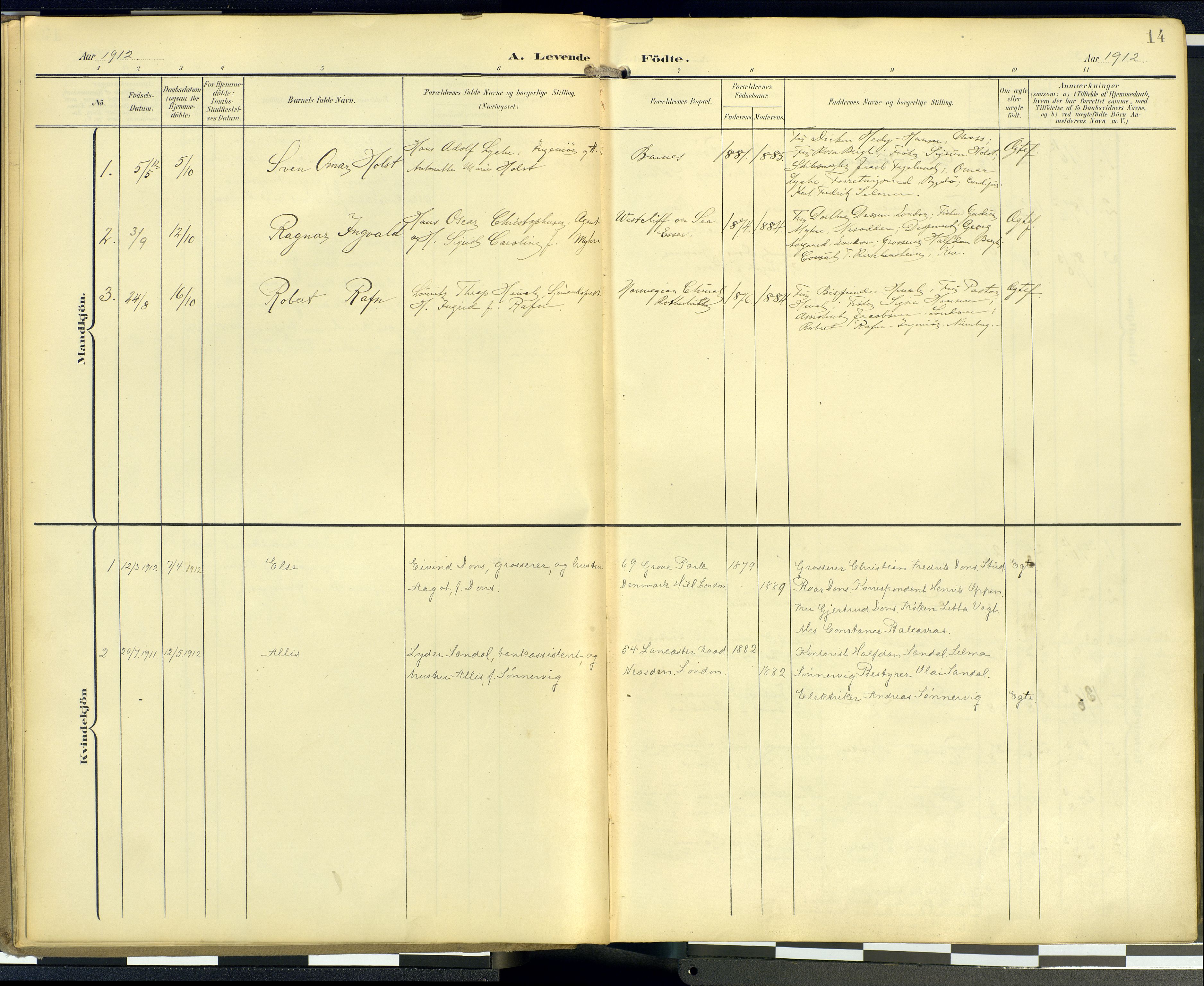  Den norske sjømannsmisjon i utlandet/London m/bistasjoner, SAB/SAB/PA-0103/H/Ha/L0003: Parish register (official) no. A 3, 1903-1934, p. 13b-14a