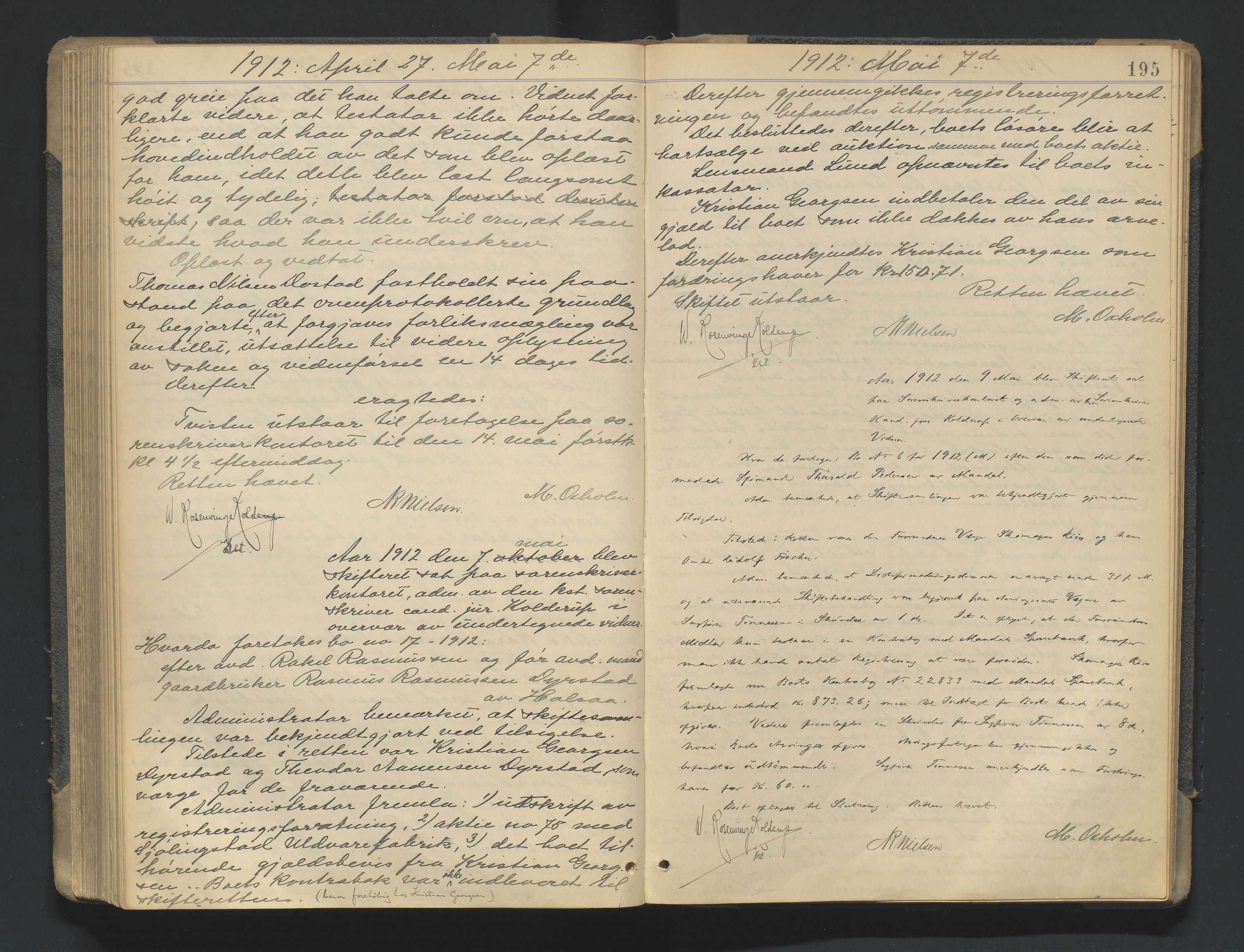 Mandal sorenskriveri, AV/SAK-1221-0005/001/H/Hc/L0081: Skifteforhandlingsprotokoll nr 13, 1909-1913, p. 195