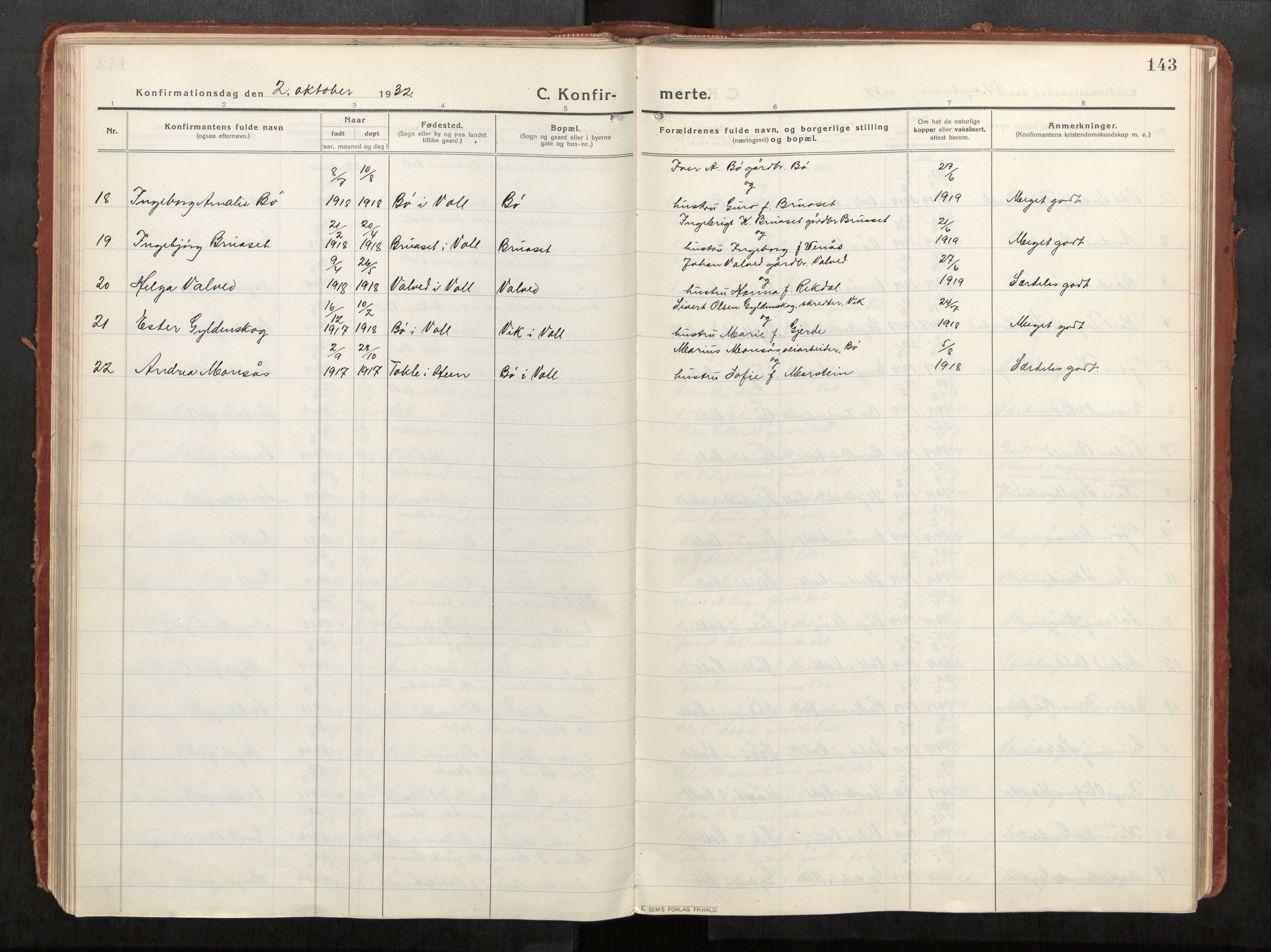 Eid sokneprestkontor, AV/SAT-A-1254: Parish register (official) no. 543A04, 1916-1956, p. 143