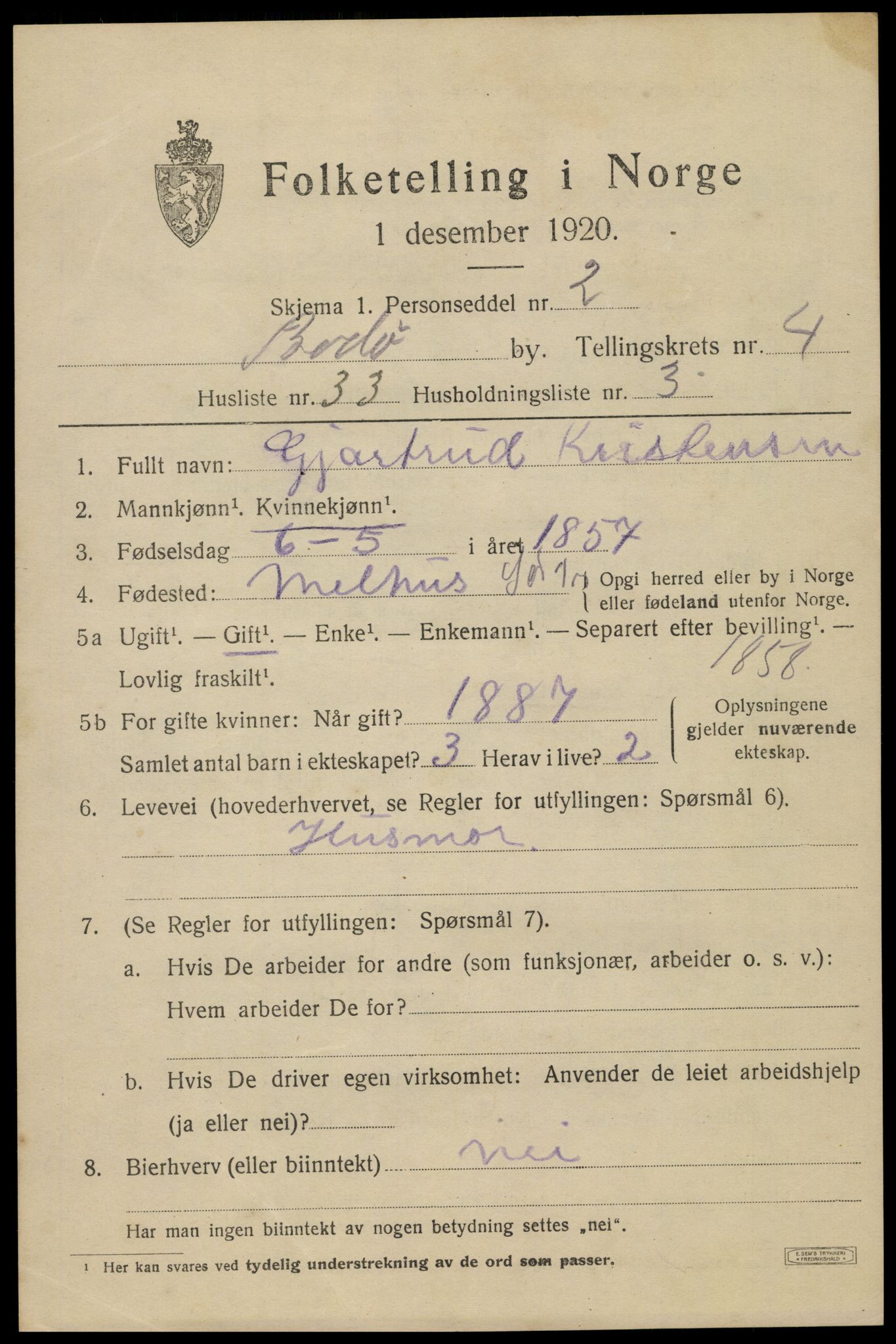SAT, 1920 census for Bodø, 1920, p. 7917