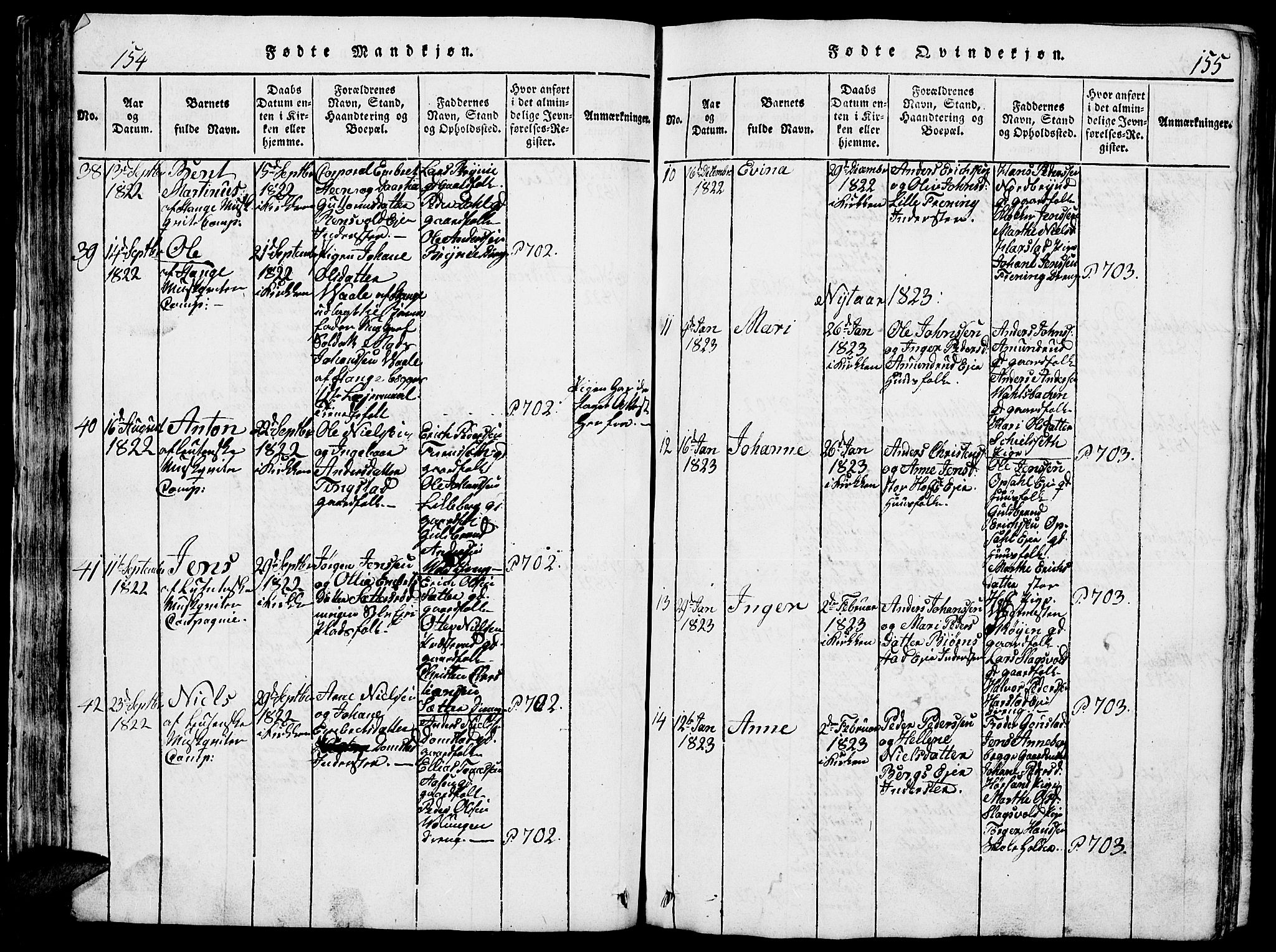 Romedal prestekontor, SAH/PREST-004/L/L0005: Parish register (copy) no. 5, 1814-1829, p. 154-155