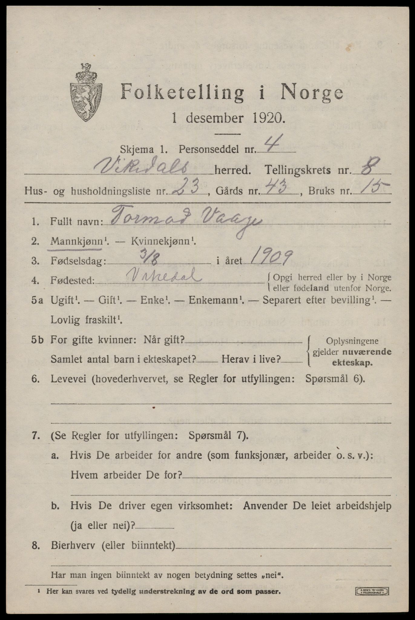 SAST, 1920 census for Vikedal, 1920, p. 2915