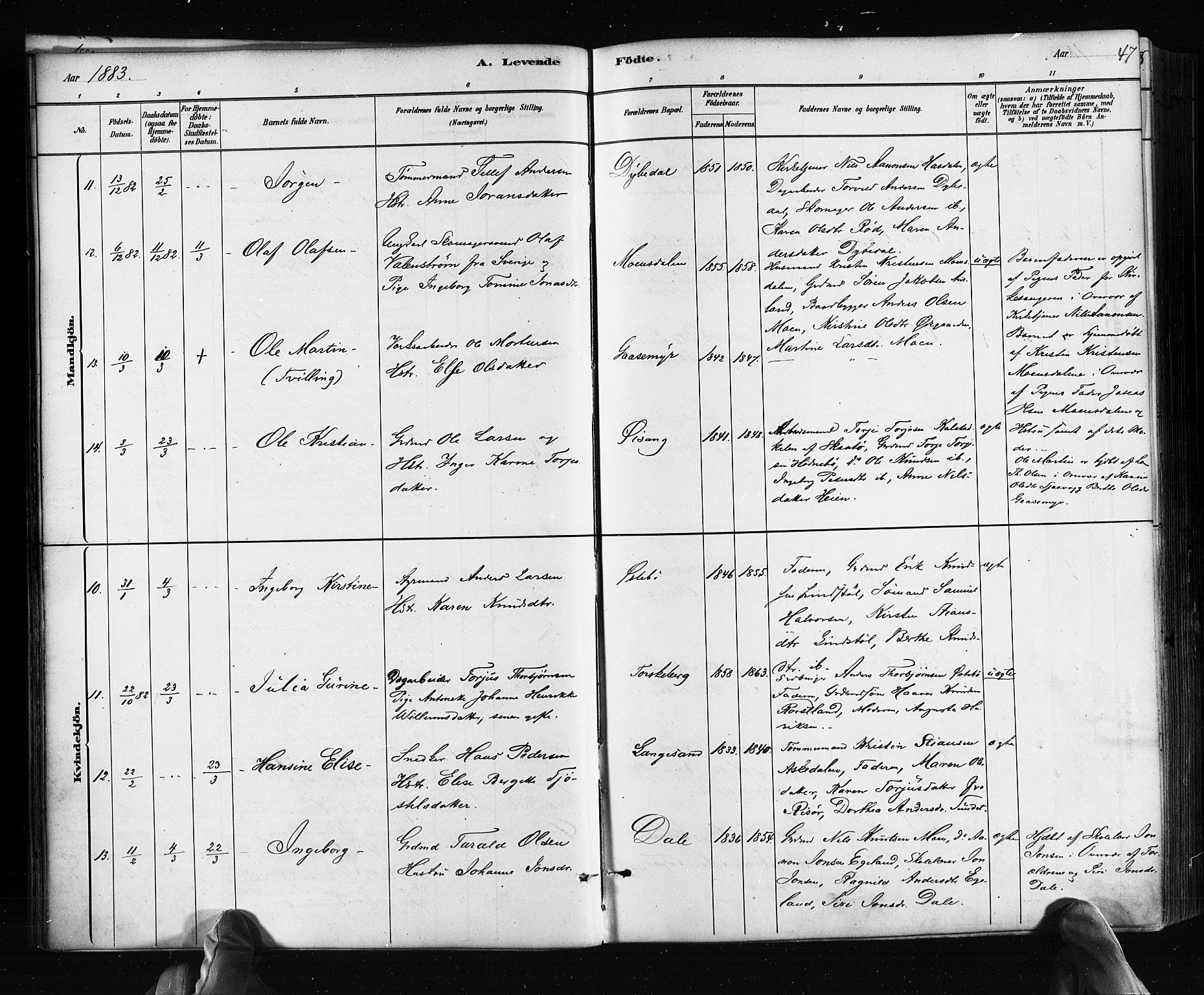 Søndeled sokneprestkontor, AV/SAK-1111-0038/F/Fa/L0004: Parish register (official) no. A 4, 1880-1889, p. 47
