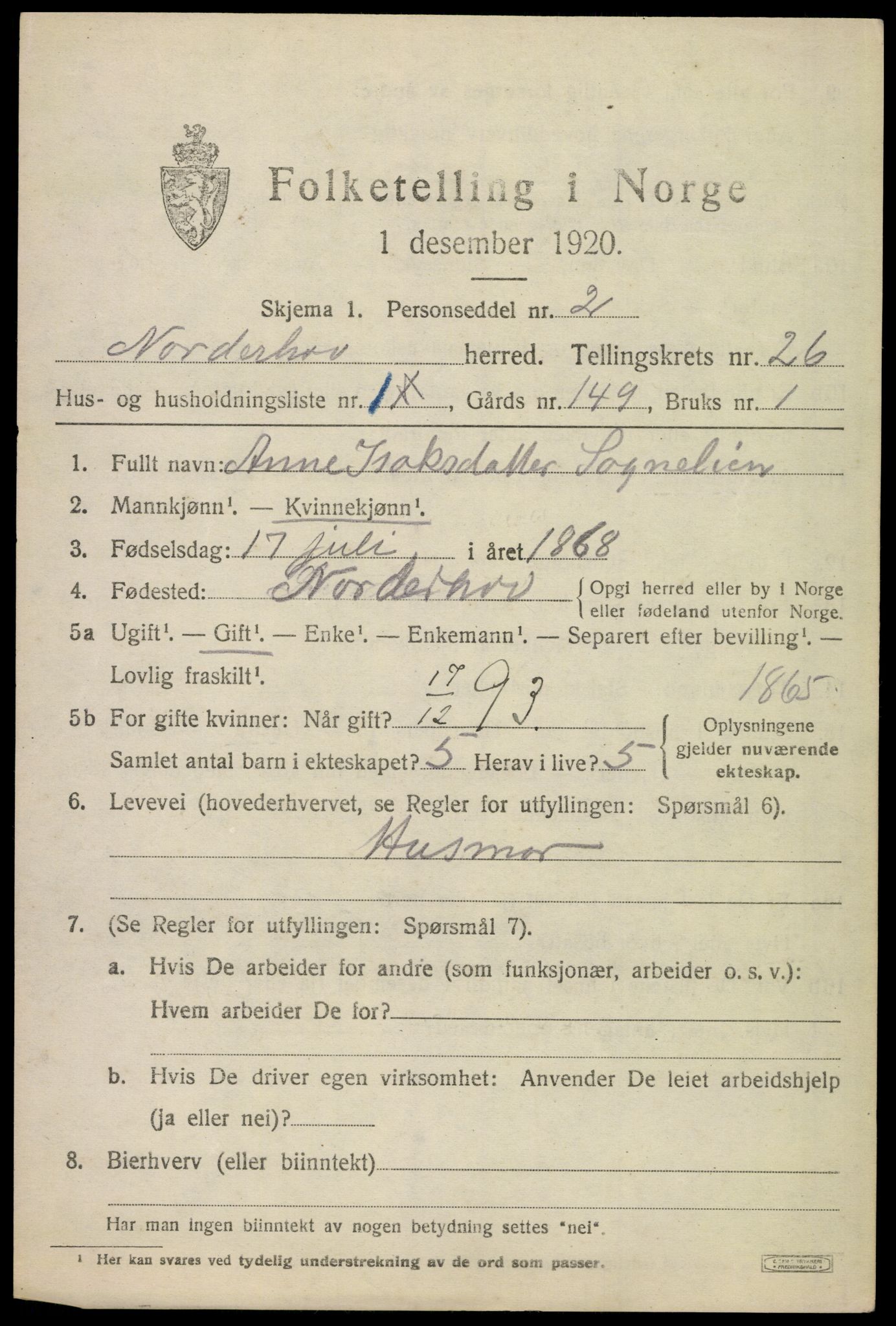 SAKO, 1920 census for Norderhov, 1920, p. 24107