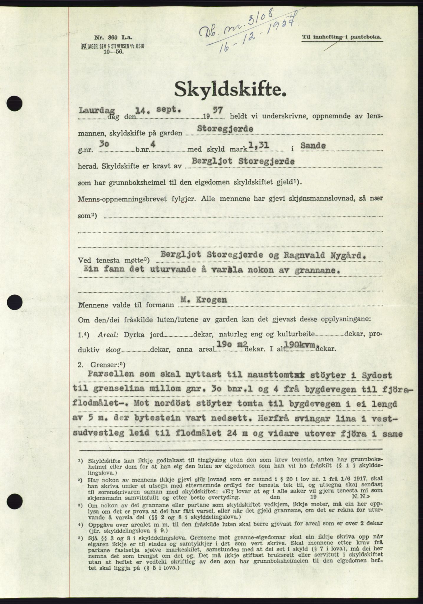 Søre Sunnmøre sorenskriveri, AV/SAT-A-4122/1/2/2C/L0108: Mortgage book no. 34A, 1957-1958, Diary no: : 3108/1957