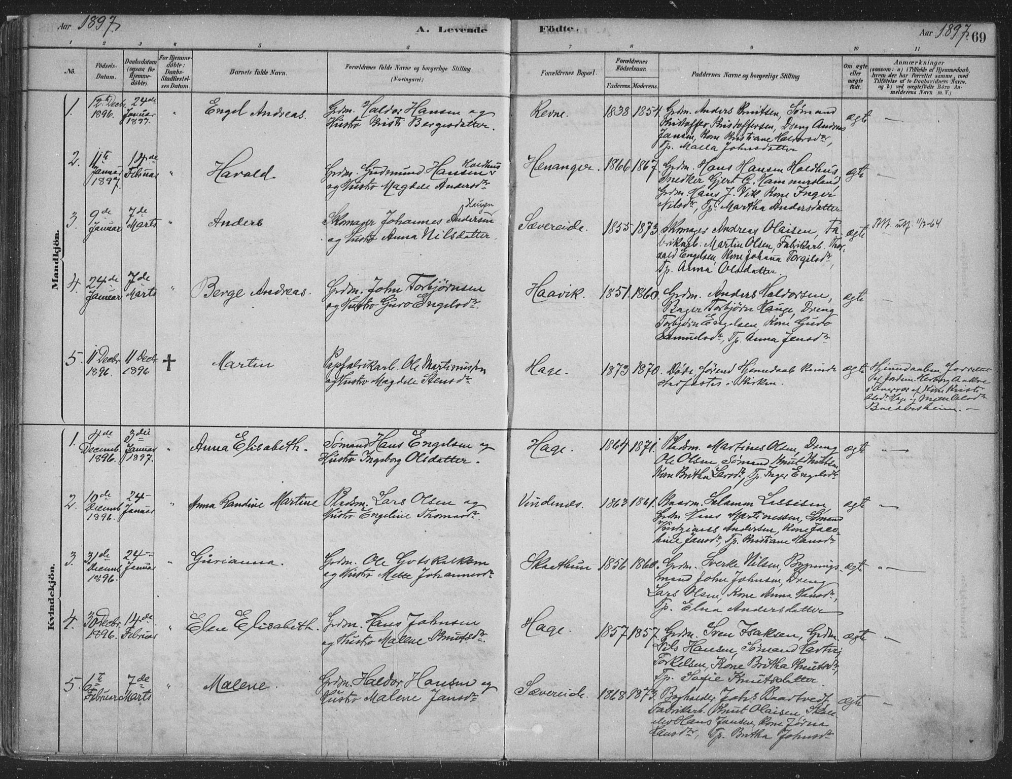 Fusa sokneprestembete, SAB/A-75401/H/Haa: Parish register (official) no. D 1, 1880-1938, p. 69