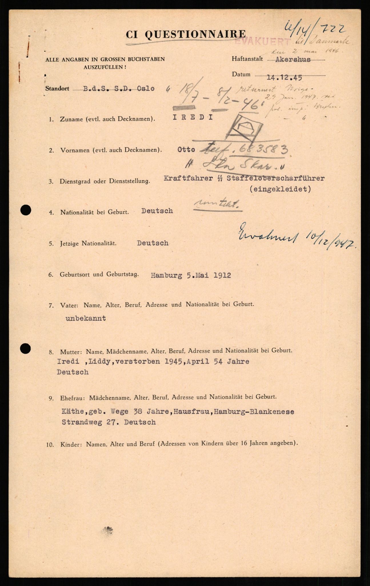 Forsvaret, Forsvarets overkommando II, RA/RAFA-3915/D/Db/L0014: CI Questionaires. Tyske okkupasjonsstyrker i Norge. Tyskere., 1945-1946, p. 408