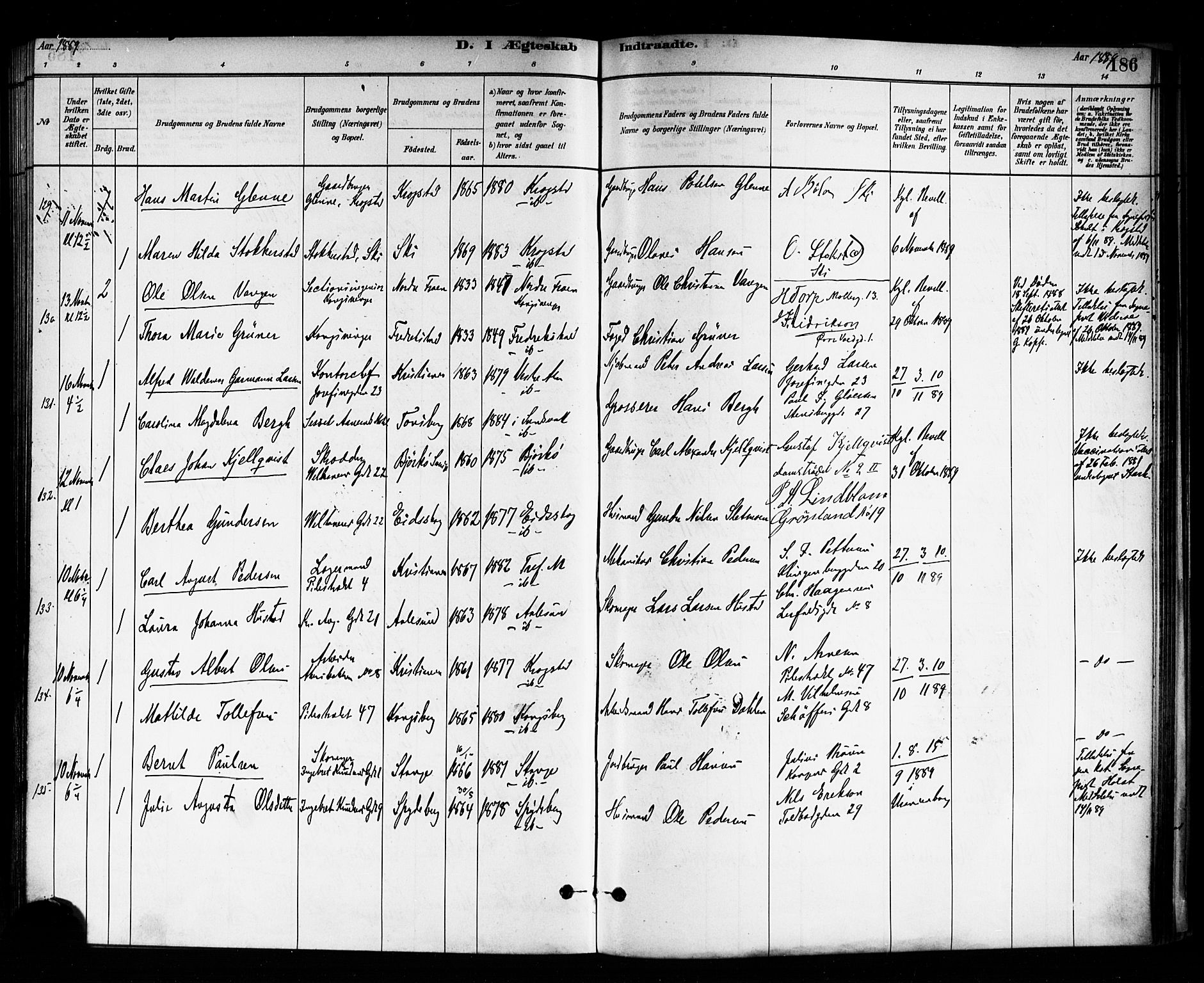 Trefoldighet prestekontor Kirkebøker, AV/SAO-A-10882/F/Fc/L0003: Parish register (official) no. III 3, 1881-1891, p. 186