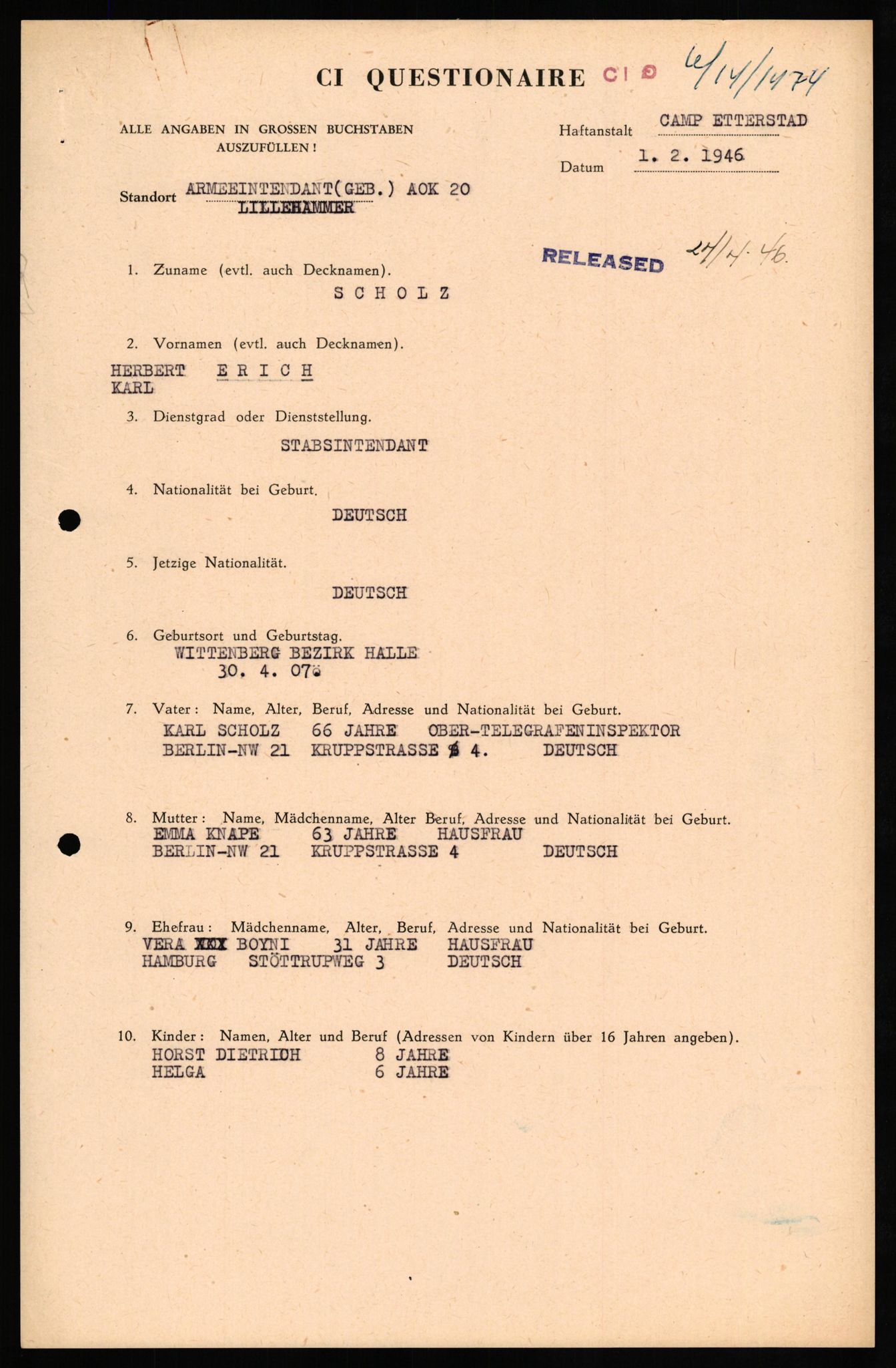 Forsvaret, Forsvarets overkommando II, AV/RA-RAFA-3915/D/Db/L0030: CI Questionaires. Tyske okkupasjonsstyrker i Norge. Tyskere., 1945-1946, p. 146