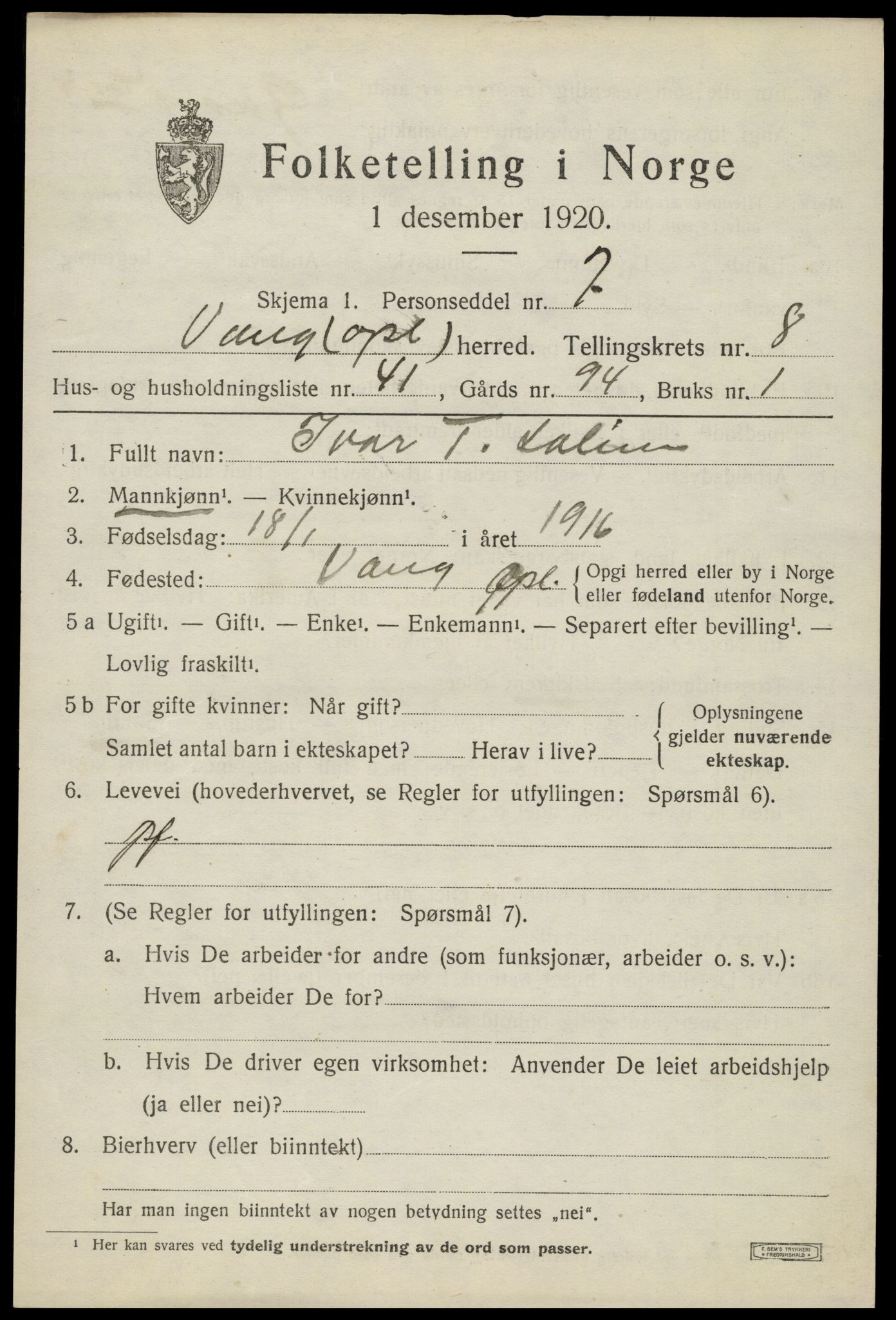 SAH, 1920 census for Vang (Oppland), 1920, p. 3851