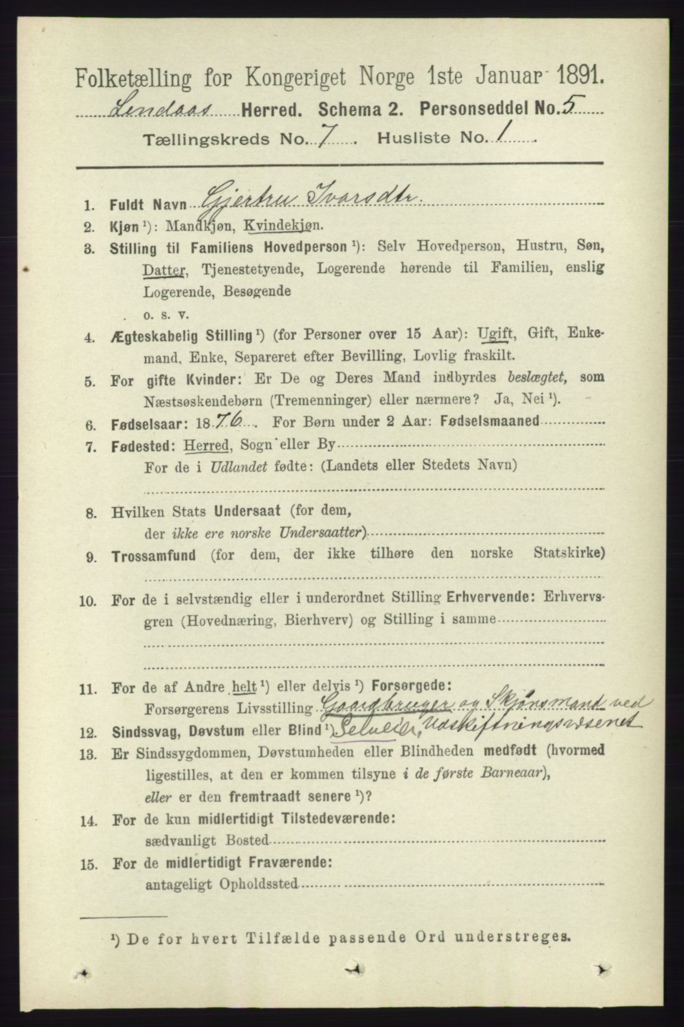 RA, 1891 census for 1263 Lindås, 1891, p. 2081