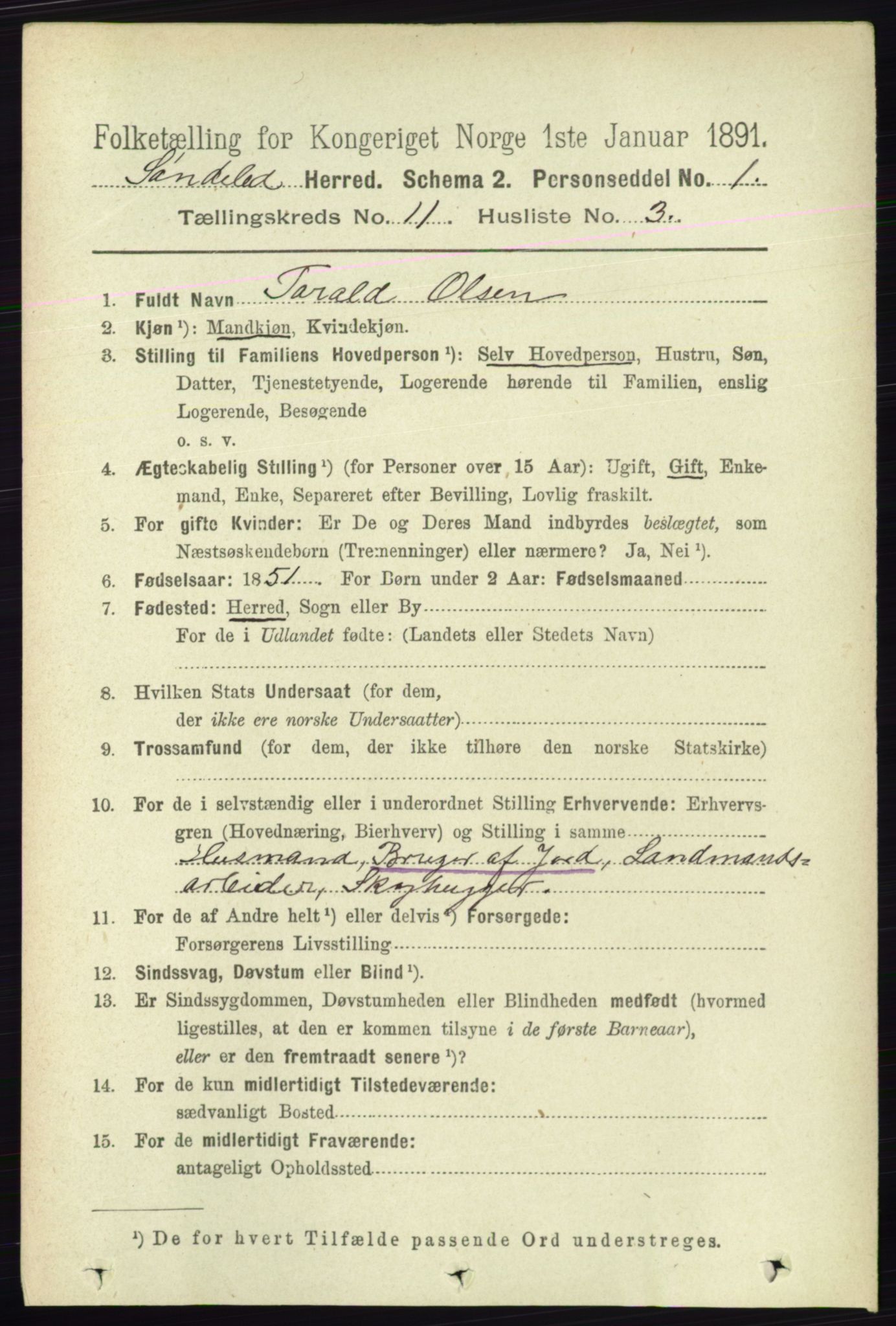 RA, 1891 census for 0913 Søndeled, 1891, p. 3301