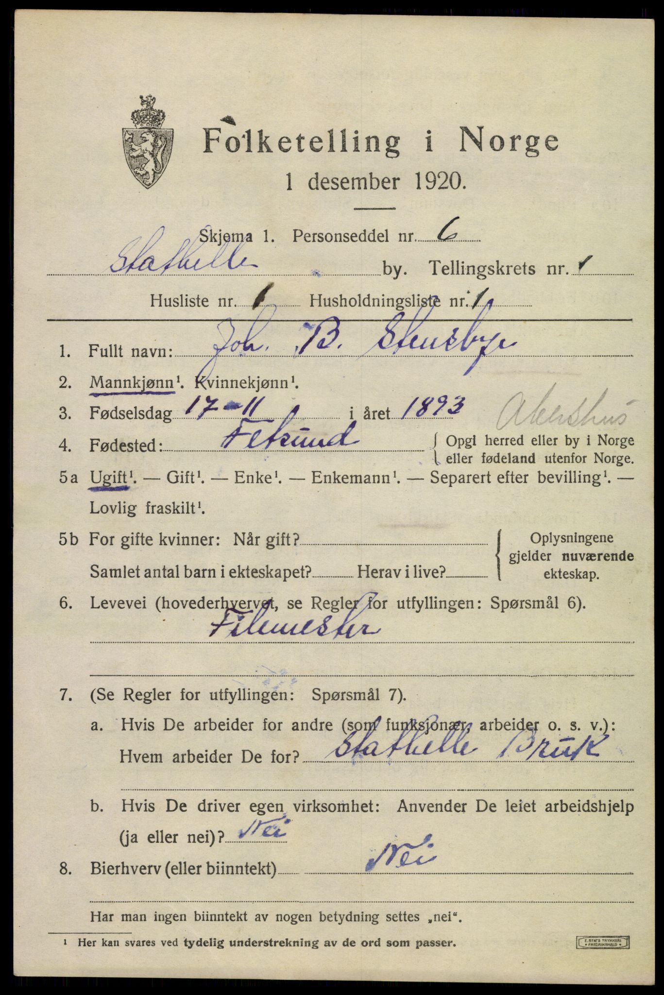 SAKO, 1920 census for Stathelle, 1920, p. 545