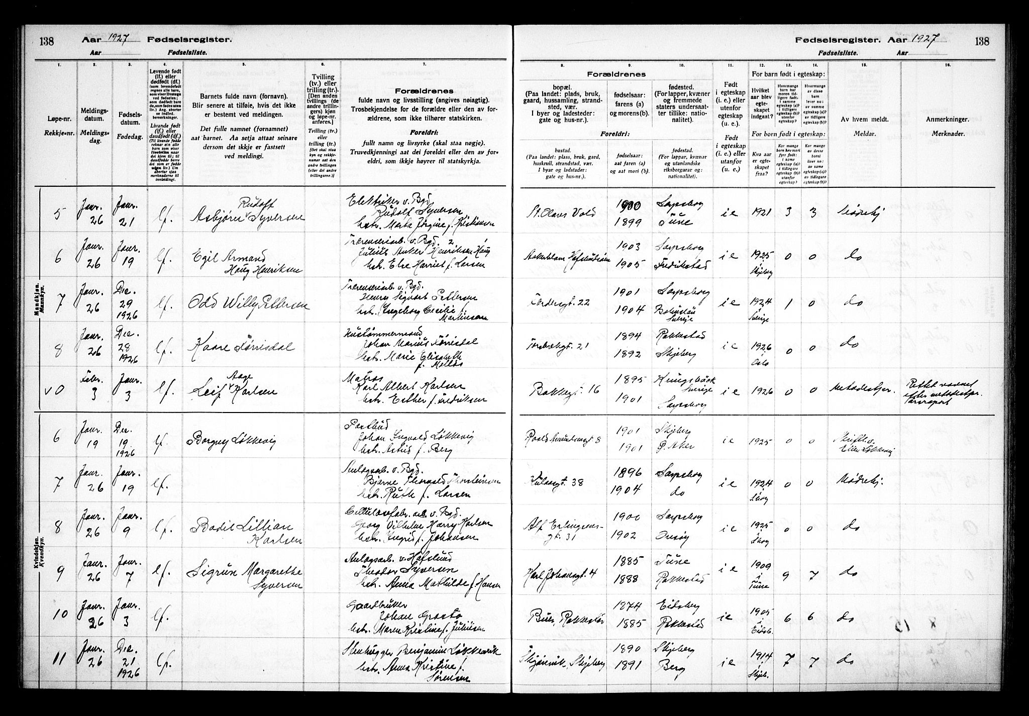 Sarpsborg prestekontor Kirkebøker, AV/SAO-A-2006/J/Ja/L0002: Birth register no. 2, 1922-1928, p. 138