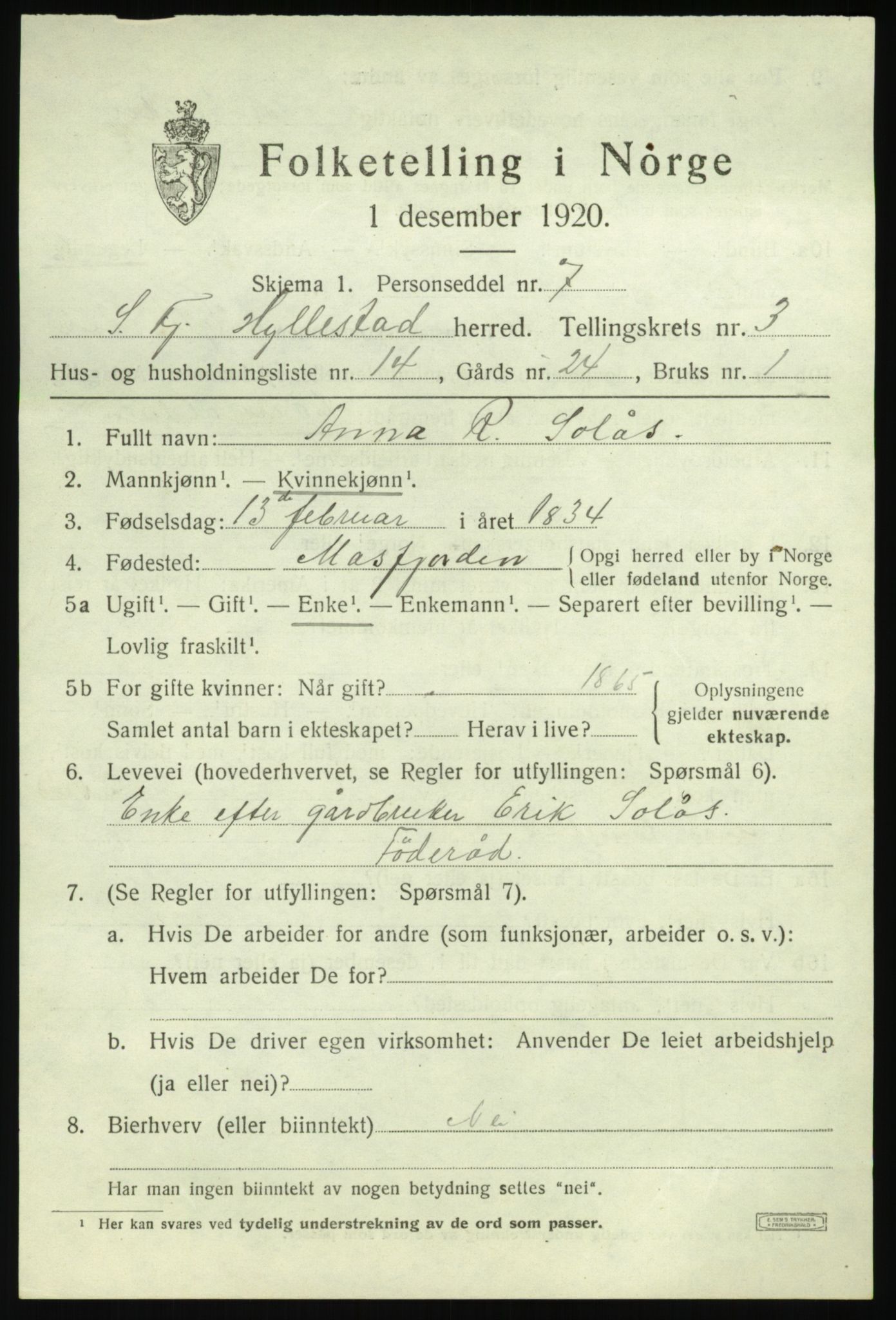 SAB, 1920 census for Hyllestad, 1920, p. 1808