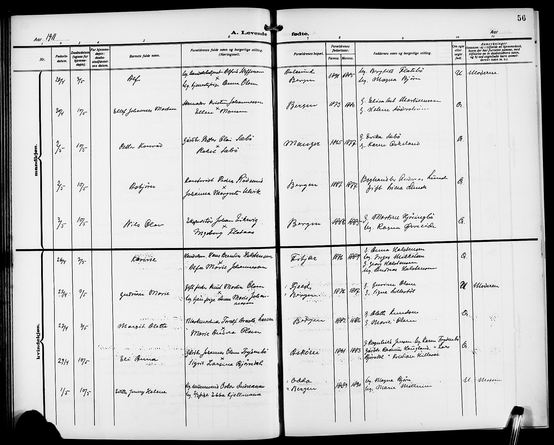 Fødselsstiftelsens sokneprestembete*, SAB/-: Parish register (copy) no. A 2, 1909-1916, p. 56