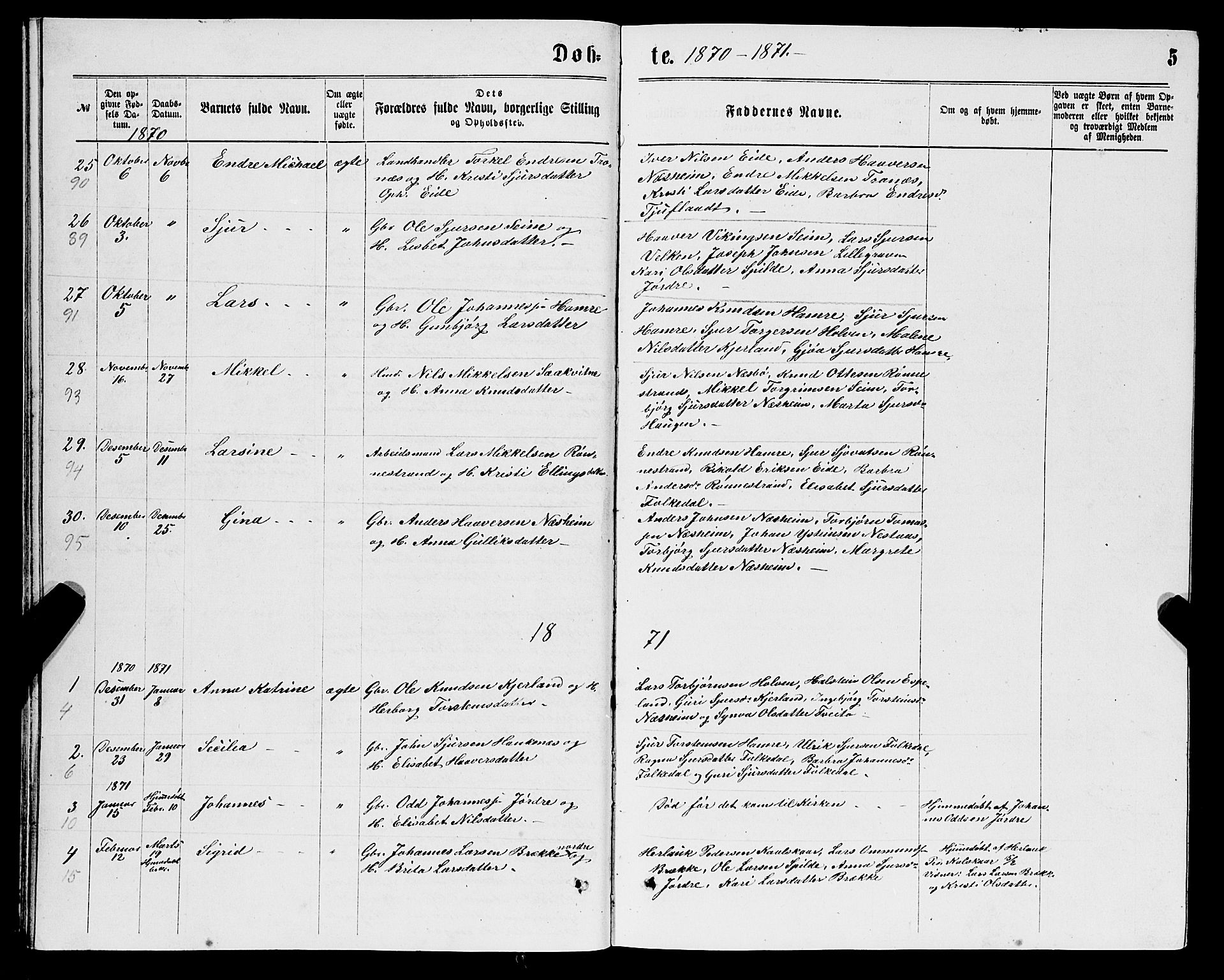 Ulvik sokneprestembete, SAB/A-78801/H/Hab: Parish register (copy) no. B 2, 1869-1883, p. 5