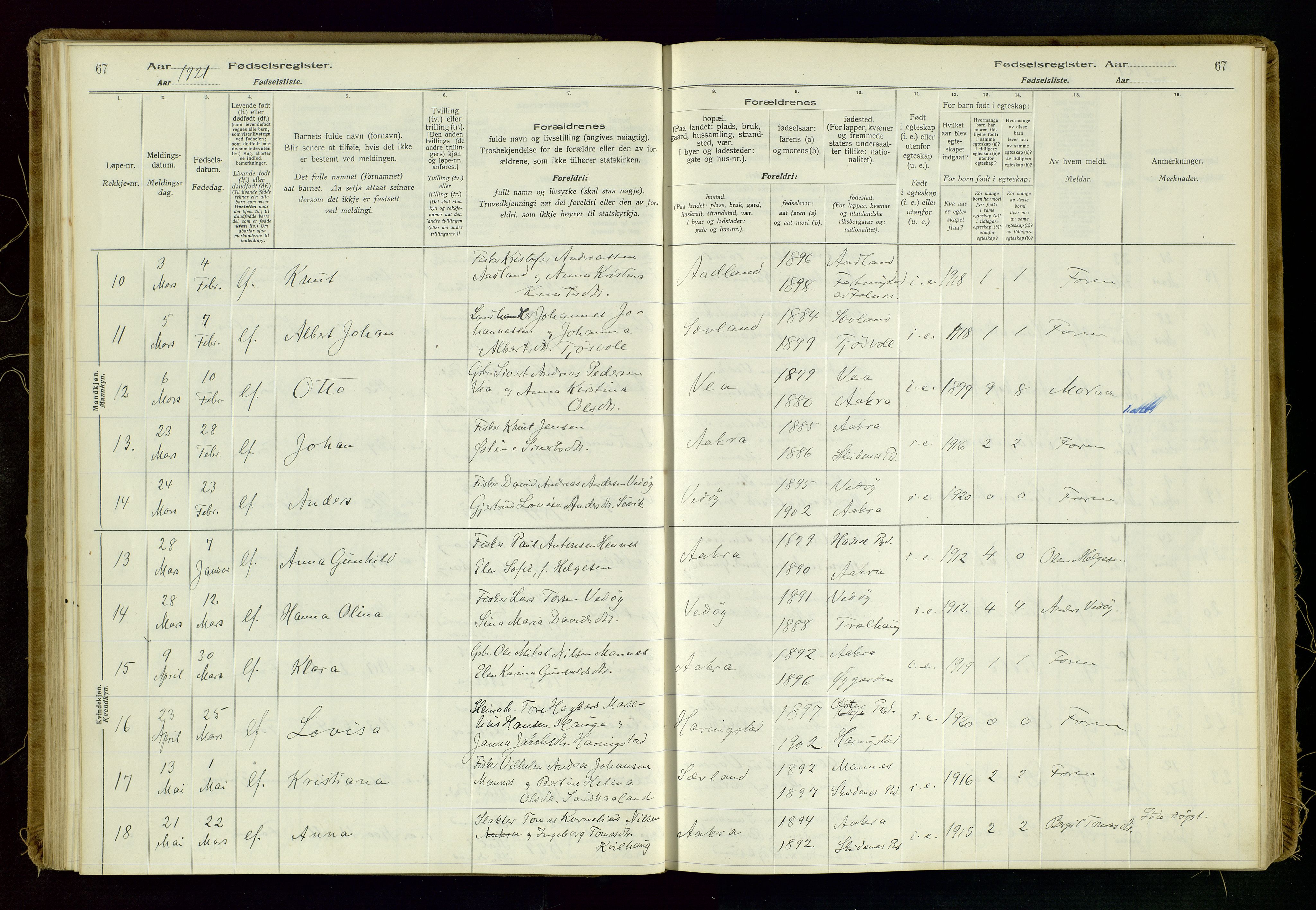 Kopervik sokneprestkontor, AV/SAST-A-101850/I/Id/L0006: Birth register no. 6, 1916-1934, p. 67