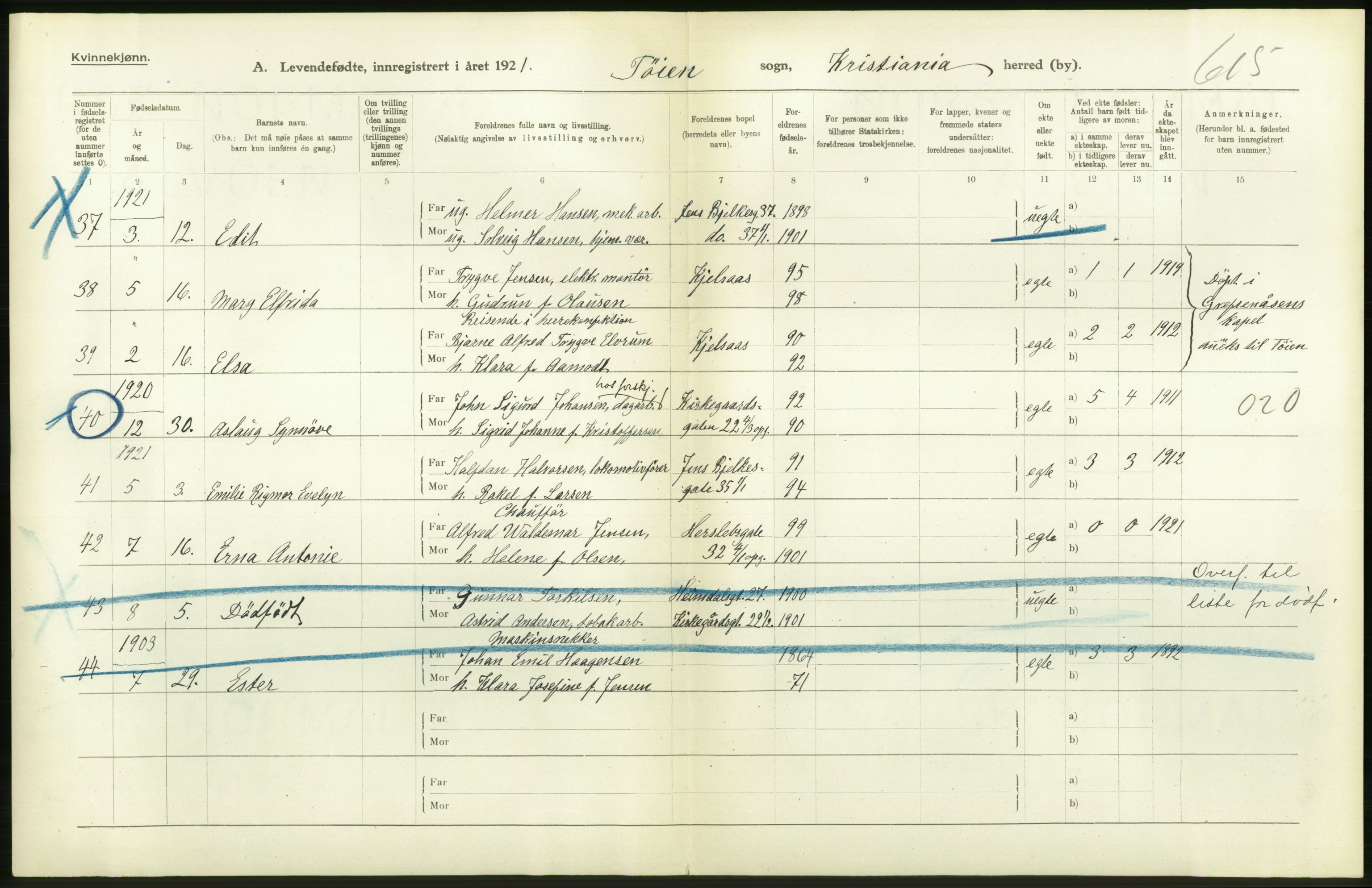 Statistisk sentralbyrå, Sosiodemografiske emner, Befolkning, AV/RA-S-2228/D/Df/Dfc/Dfca/L0009: Kristiania: Levendefødte menn og kvinner., 1921, p. 308