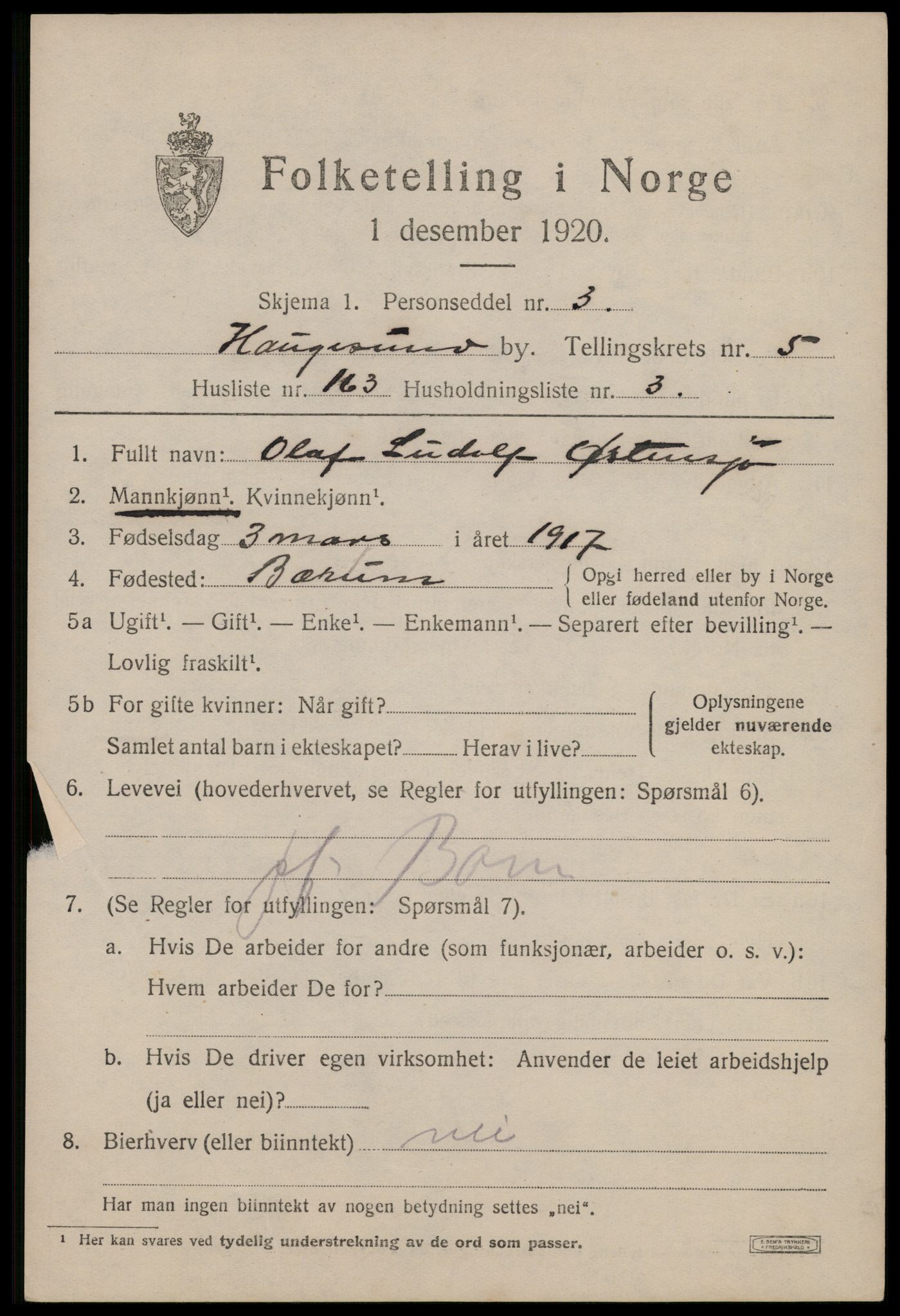 SAST, 1920 census for Haugesund, 1920, p. 21125