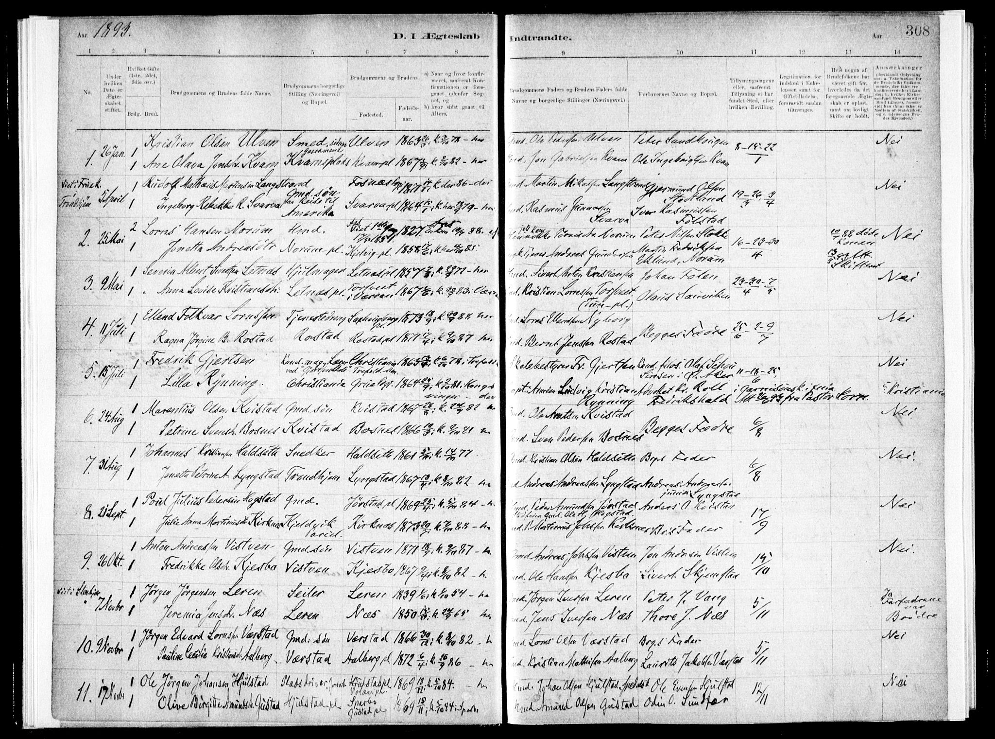 Ministerialprotokoller, klokkerbøker og fødselsregistre - Nord-Trøndelag, SAT/A-1458/730/L0285: Parish register (official) no. 730A10, 1879-1914, p. 308