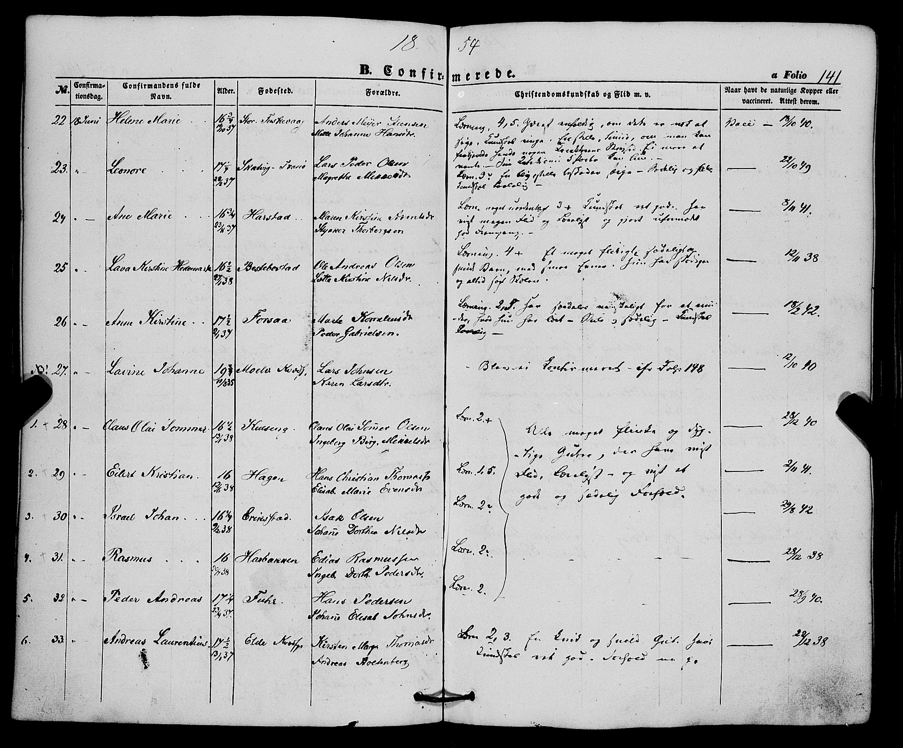 Trondenes sokneprestkontor, AV/SATØ-S-1319/H/Ha/L0011kirke: Parish register (official) no. 11, 1853-1862, p. 141