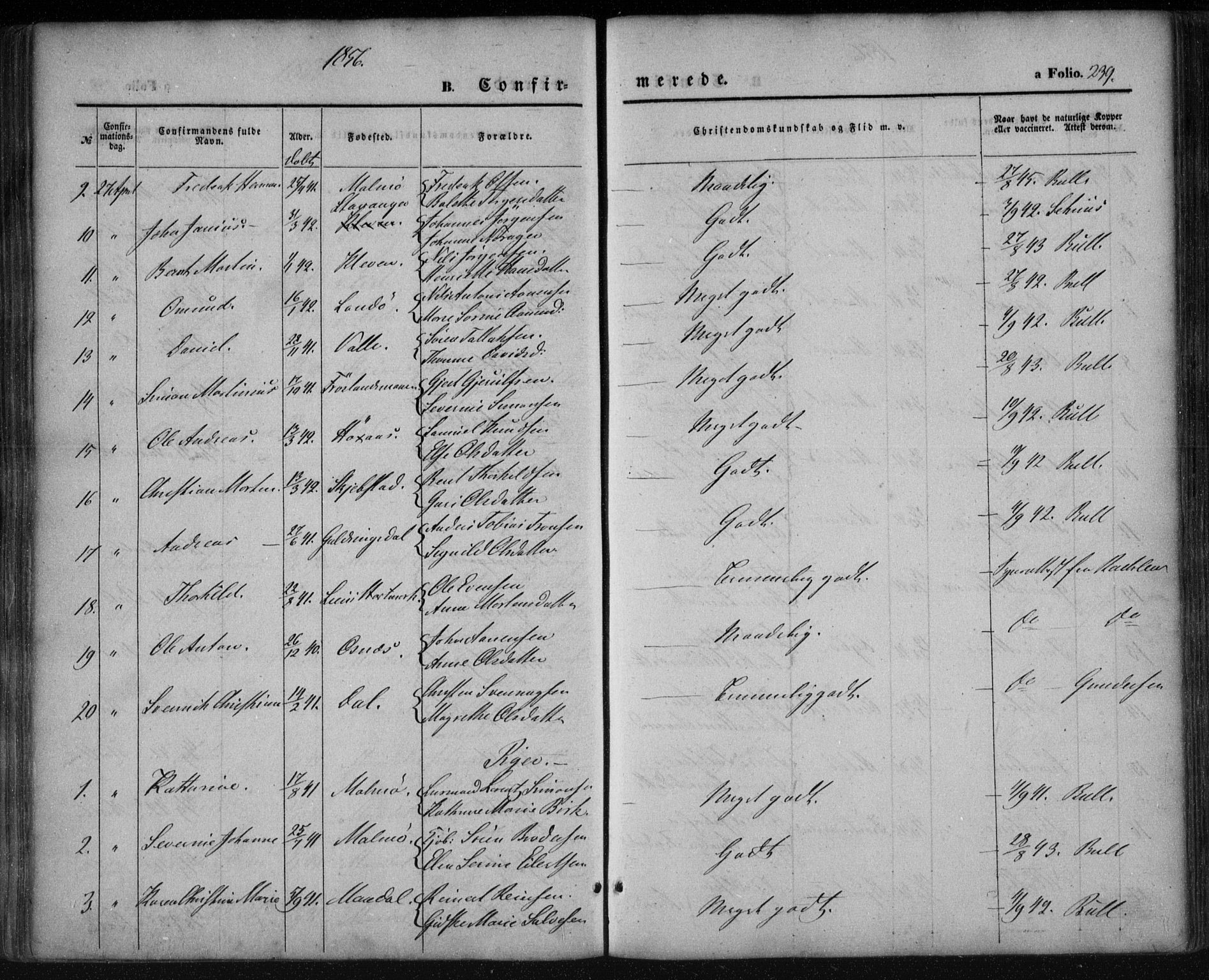 Mandal sokneprestkontor, SAK/1111-0030/F/Fa/Faa/L0013: Parish register (official) no. A 13, 1847-1859, p. 239