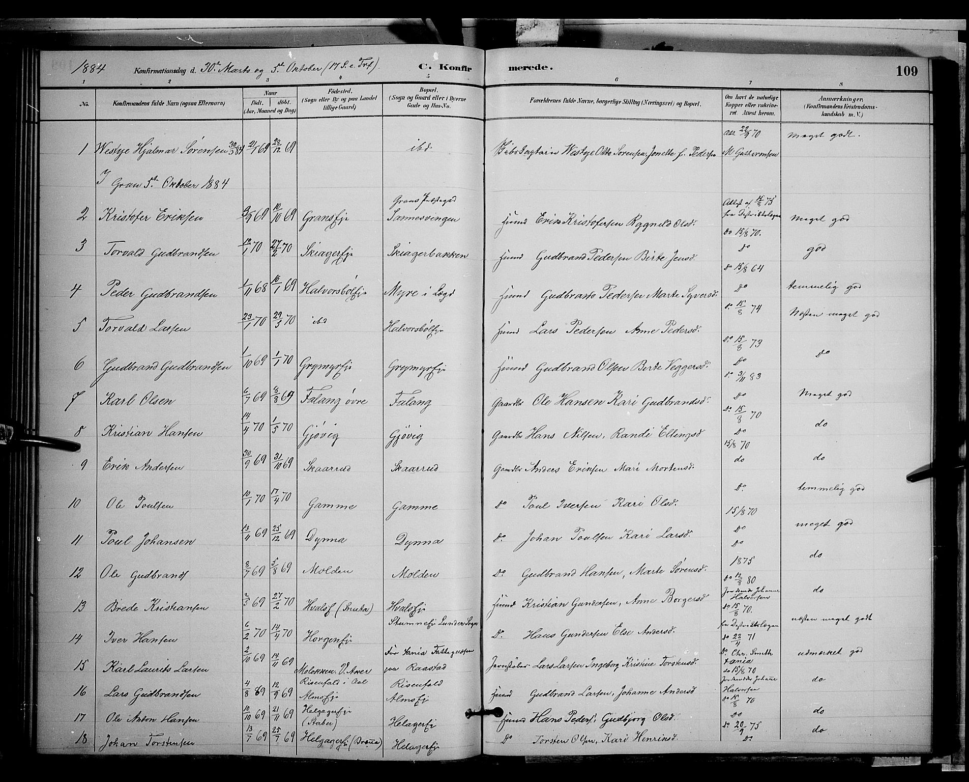 Gran prestekontor, SAH/PREST-112/H/Ha/Hab/L0002: Parish register (copy) no. 2, 1879-1892, p. 109